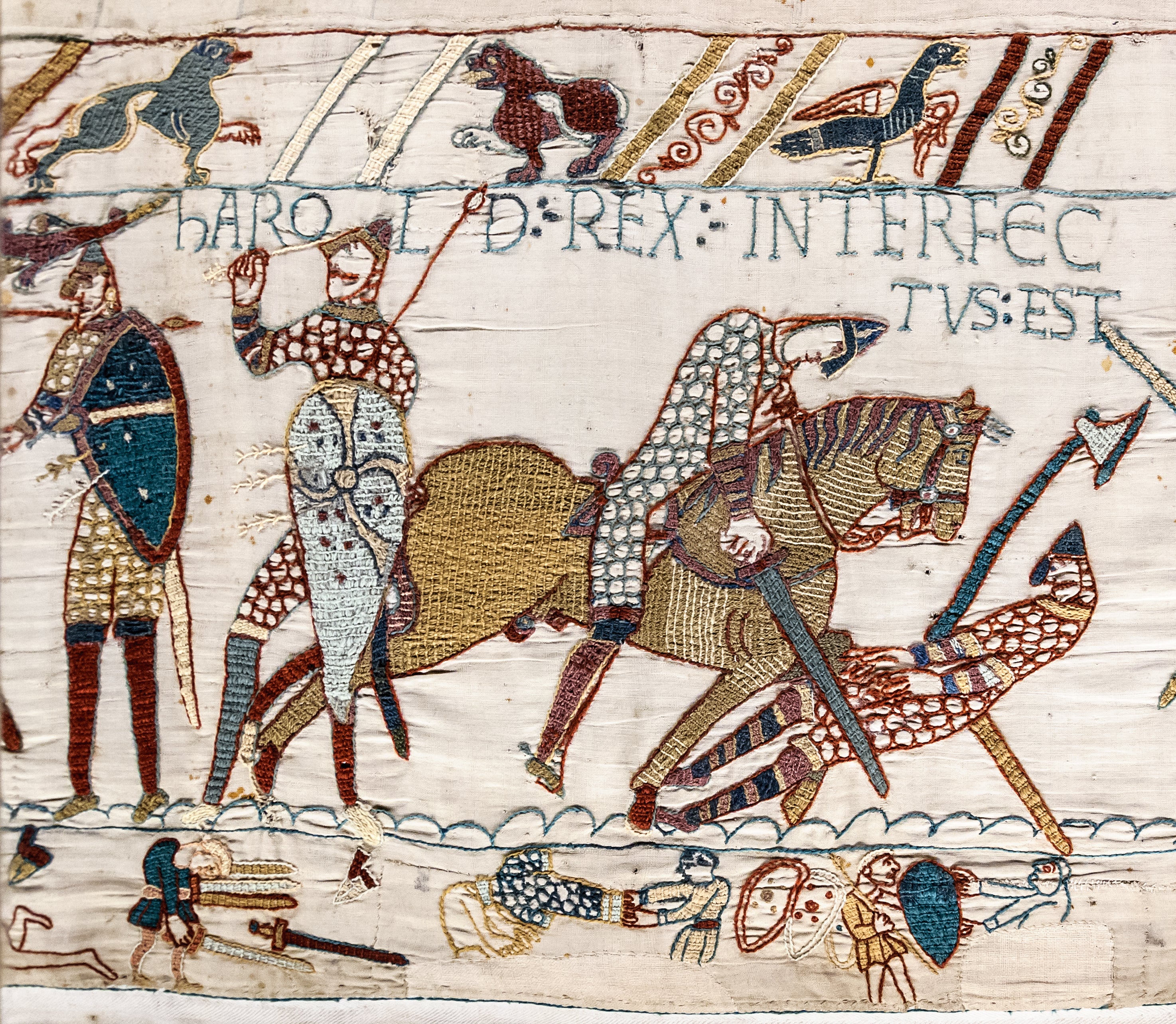 Bayeux Tapestry, Scene 57: The Death of Harold, c. 1070. Wool embroidery on linen. Bayeux Museum, France.