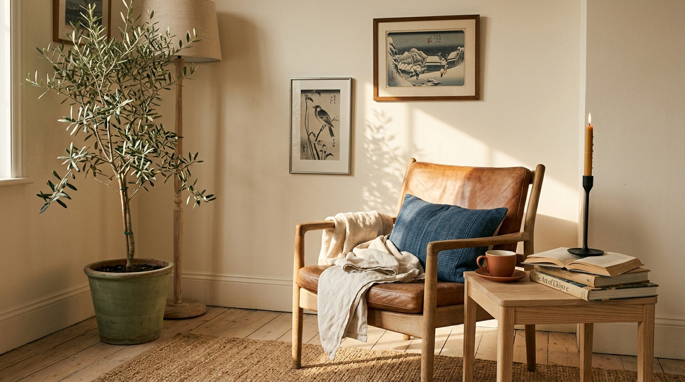 A Japandi-style interior with a single piece of Japanese-influenced wall art.
