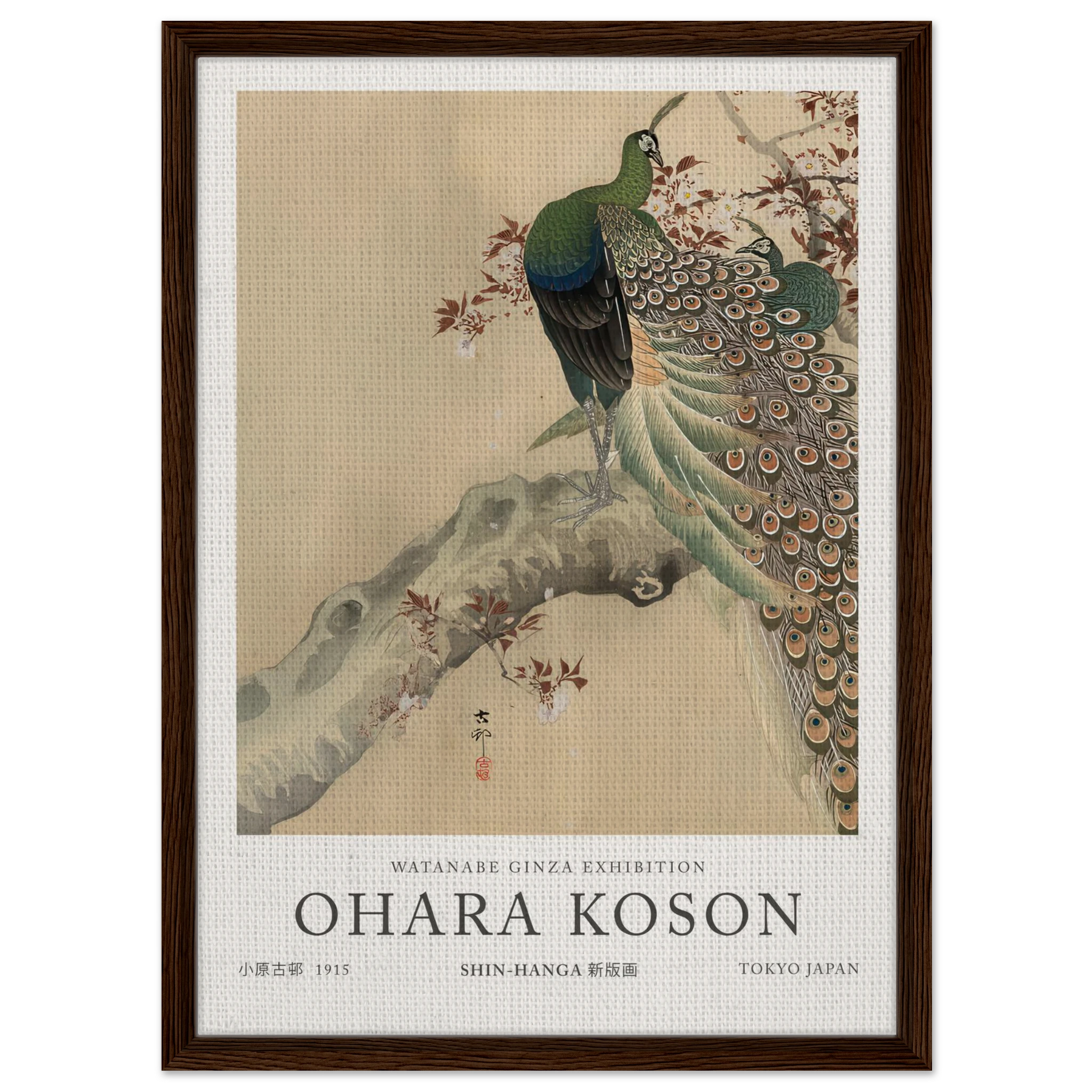 Two Green Peacocks On The Bough Of A Flowering Tree - Ohara Koson