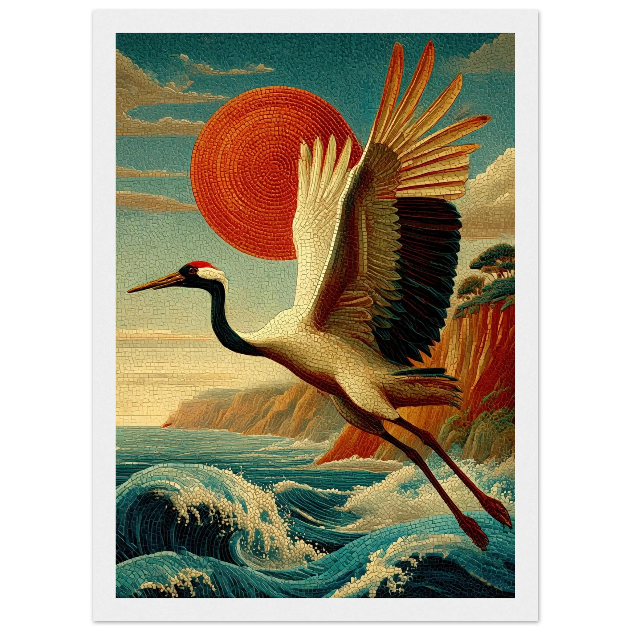 Crane Over Crimson Sun – Japanese Mosaic Print