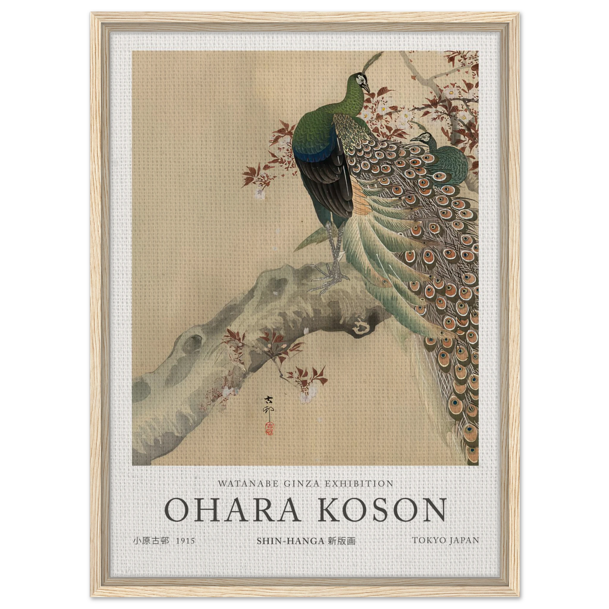 Two Green Peacocks On The Bough Of A Flowering Tree - Ohara Koson