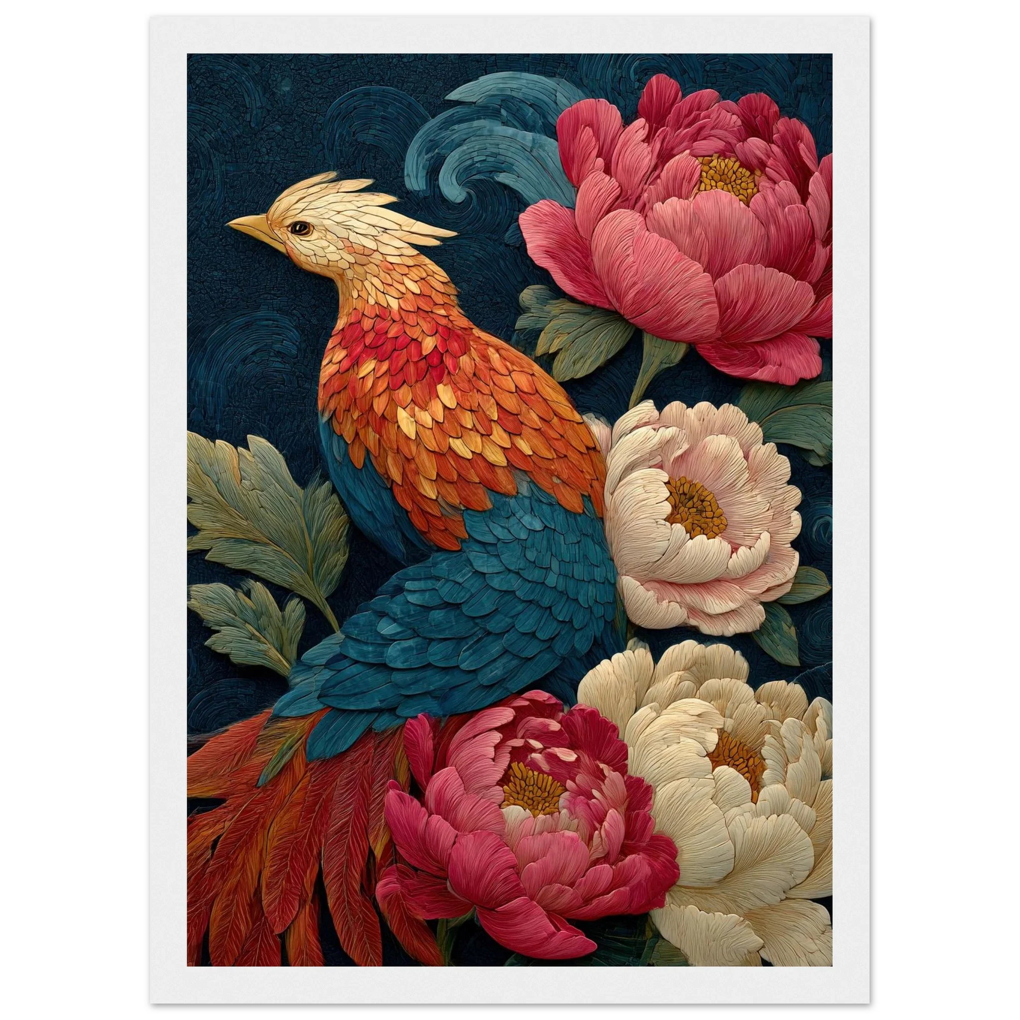 Phoenix Among Peonies in Golden Sky - Japanese Mosaic Print