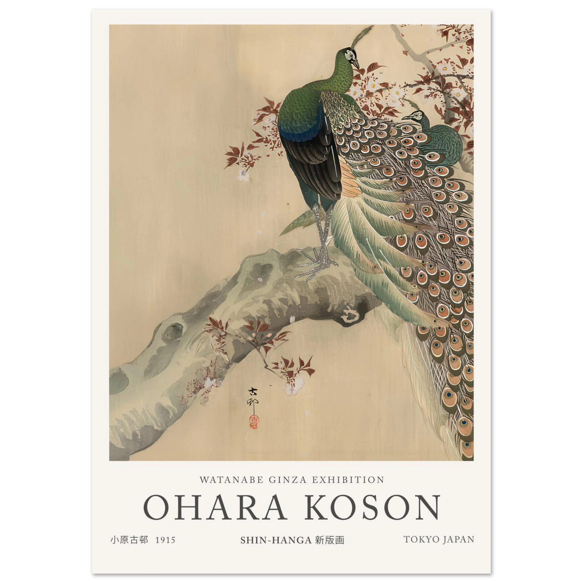 Two Green Peacocks On The Bough Of A Flowering Tree - Ohara Koson