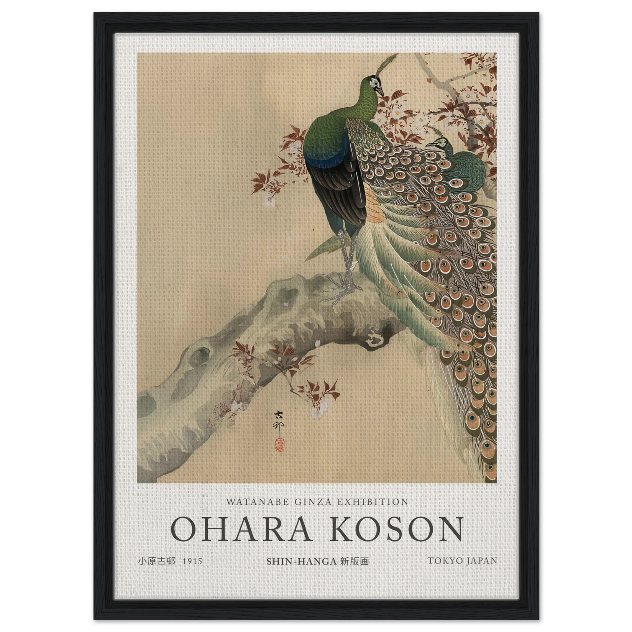 Two Green Peacocks On The Bough Of A Flowering Tree - Ohara Koson