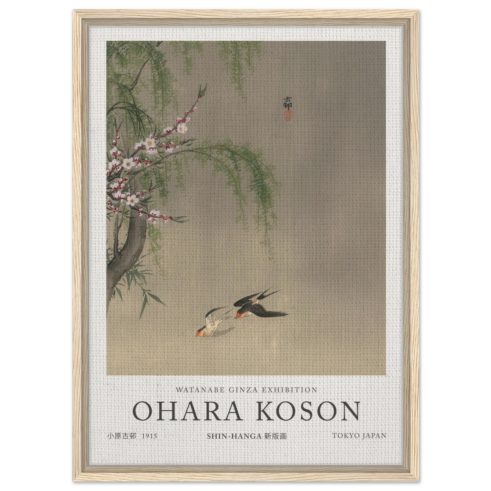 Two Barn Swallows In Flight Willow Branch And Flowering Cherry Above - Ohara Koson