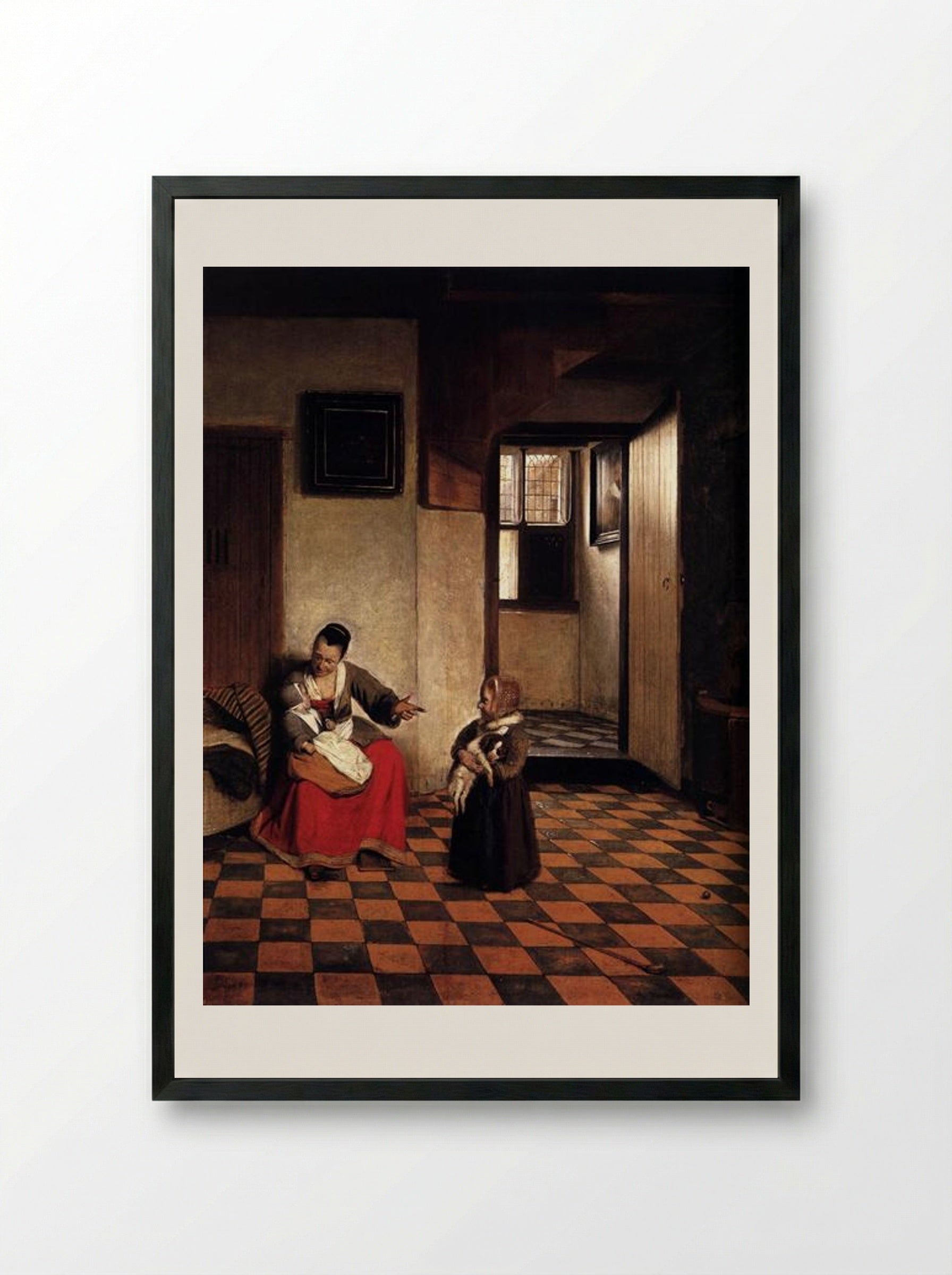 A Woman with a Baby in Her Lap, and a Small Child - Pieter de Hooch - Framed Print Black
