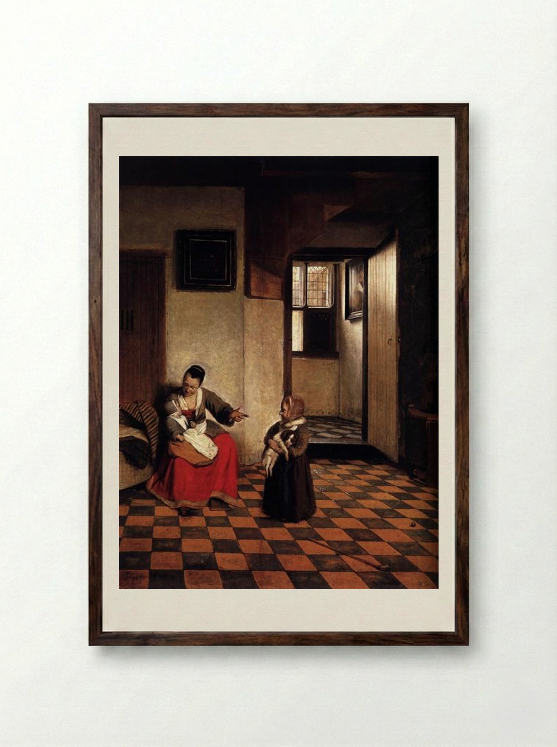 A Woman with a Baby in Her Lap, and a Small Child - Pieter de Hooch - Framed Print Dark Wood