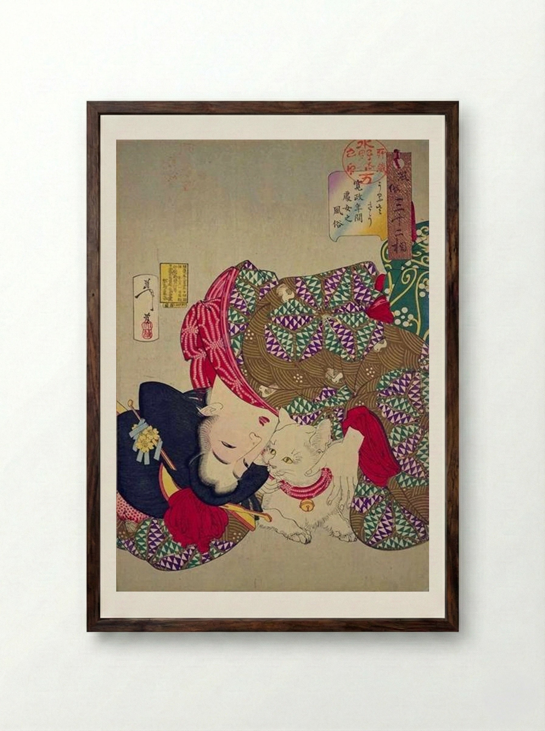 A Young Woman from the Kansei Period Playing with Her Cat - Tsukioka Yoshitoshi - Framed Print Dark Wood