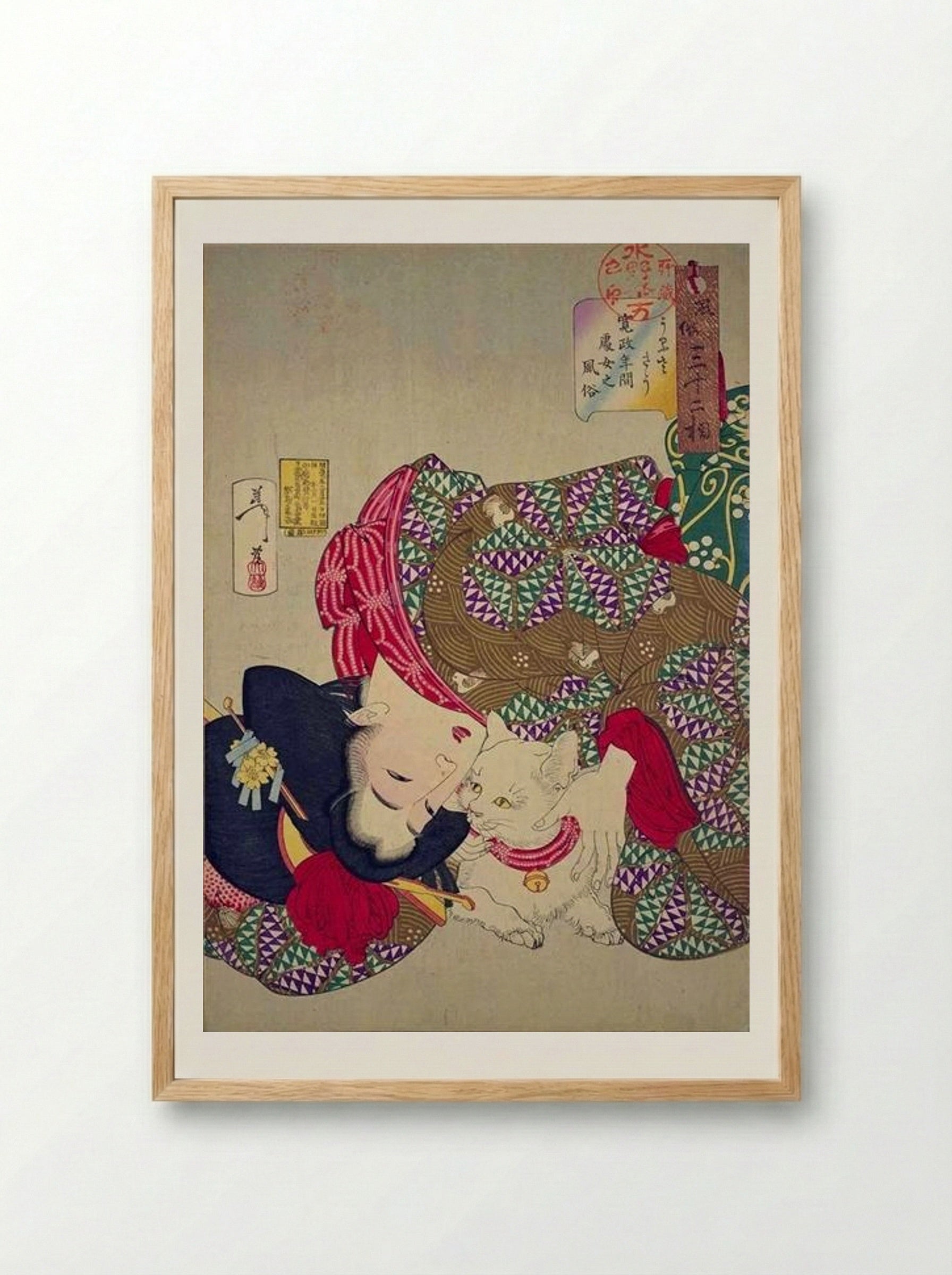 A Young Woman from the Kansei Period Playing with Her Cat - Tsukioka Yoshitoshi - Framed Print Wood