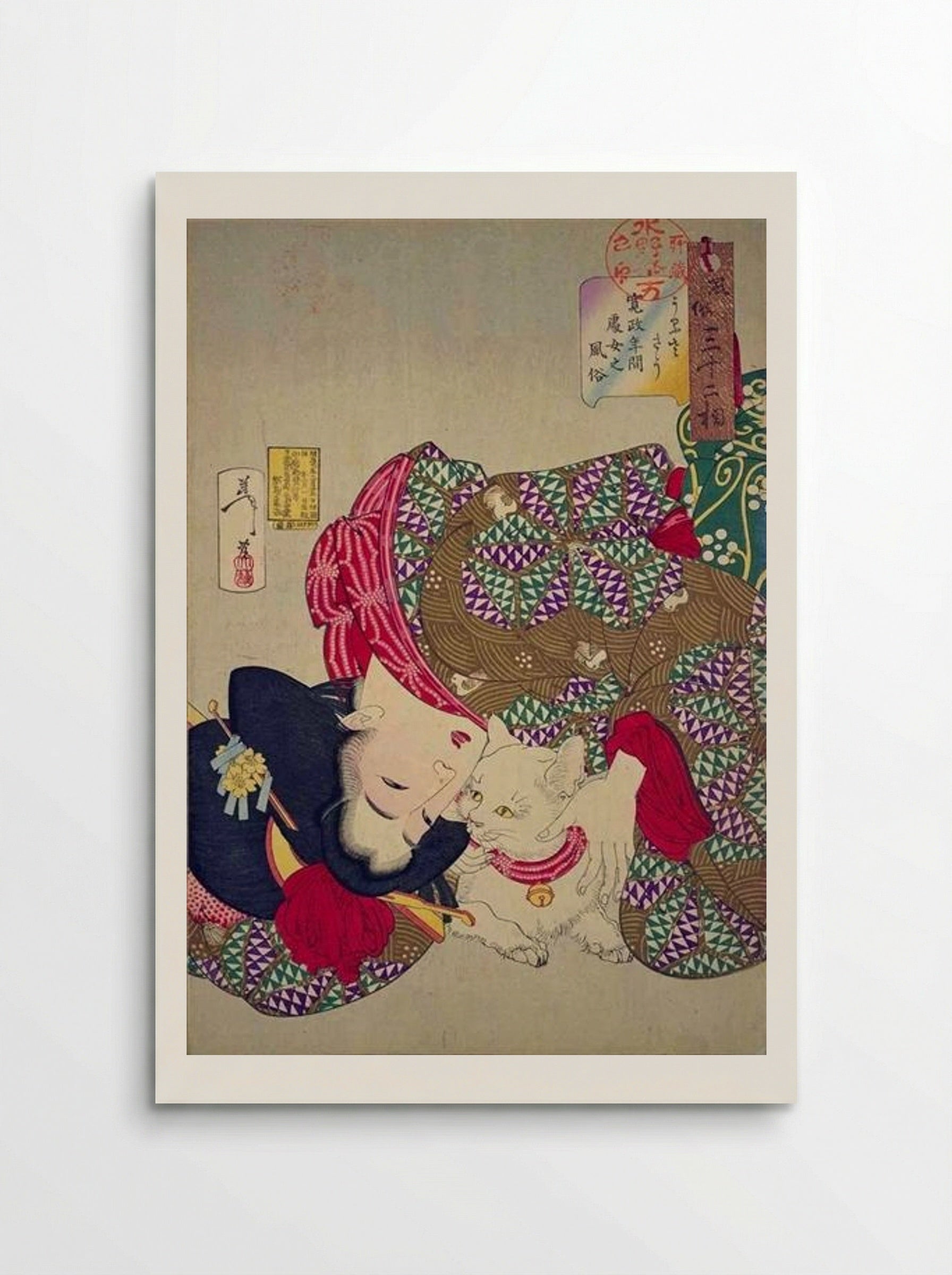 A Young Woman from the Kansei Period Playing with Her Cat - Tsukioka Yoshitoshi - Poster