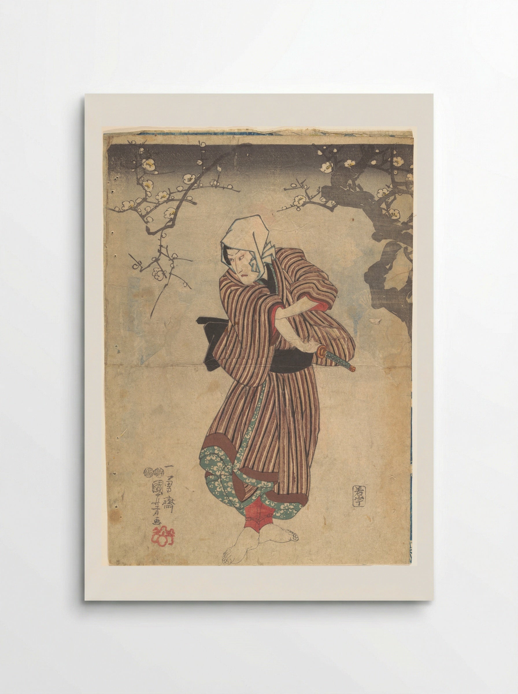 Actor as Samurai with Sword and Plum Blossoms - Utagawa Kuniyoshi - Poster