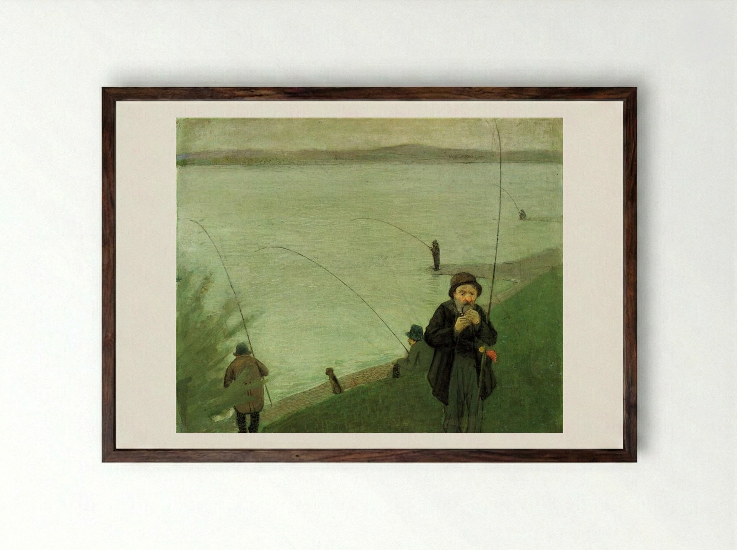 Anglers on the Rhine - August Macke - Framed Print Dark Wood
