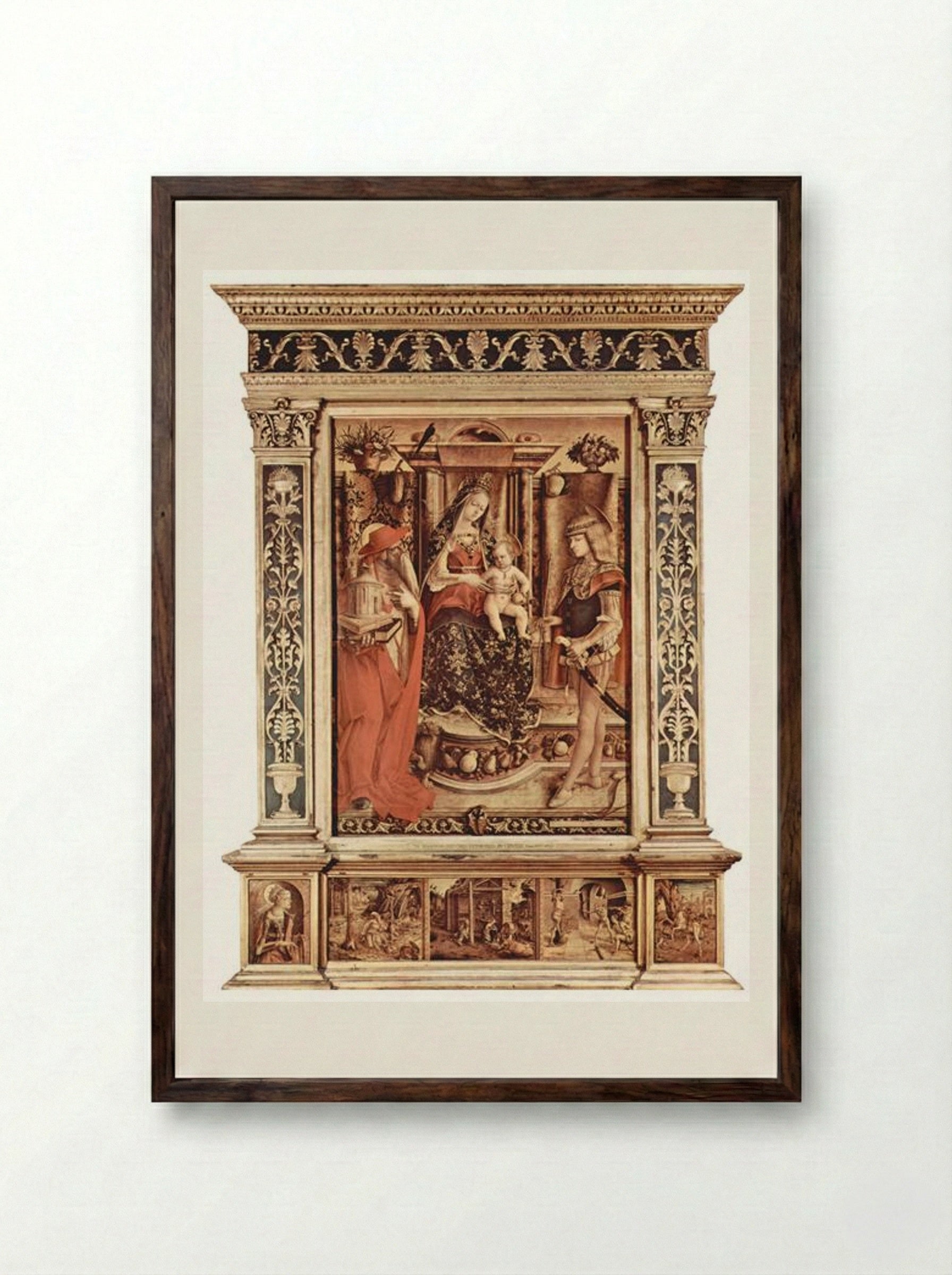 Enthroned Madonna, St. Jerome and St. Sebastian - Carlo Crivelli - Framed Print Dark Wood