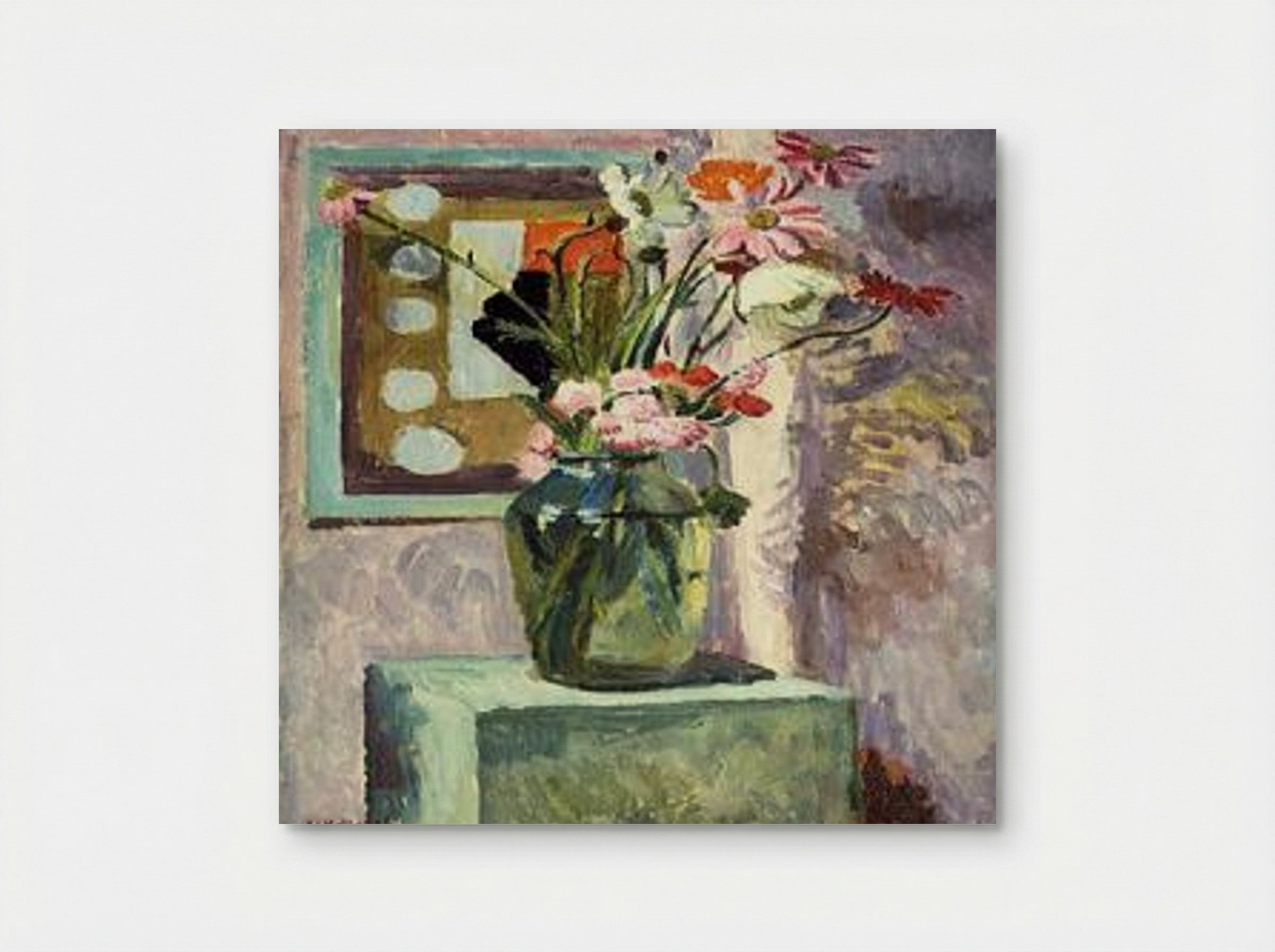 Flowers in a Glass Vase with Abstract Needlework Design - Vanessa Bell - Poster