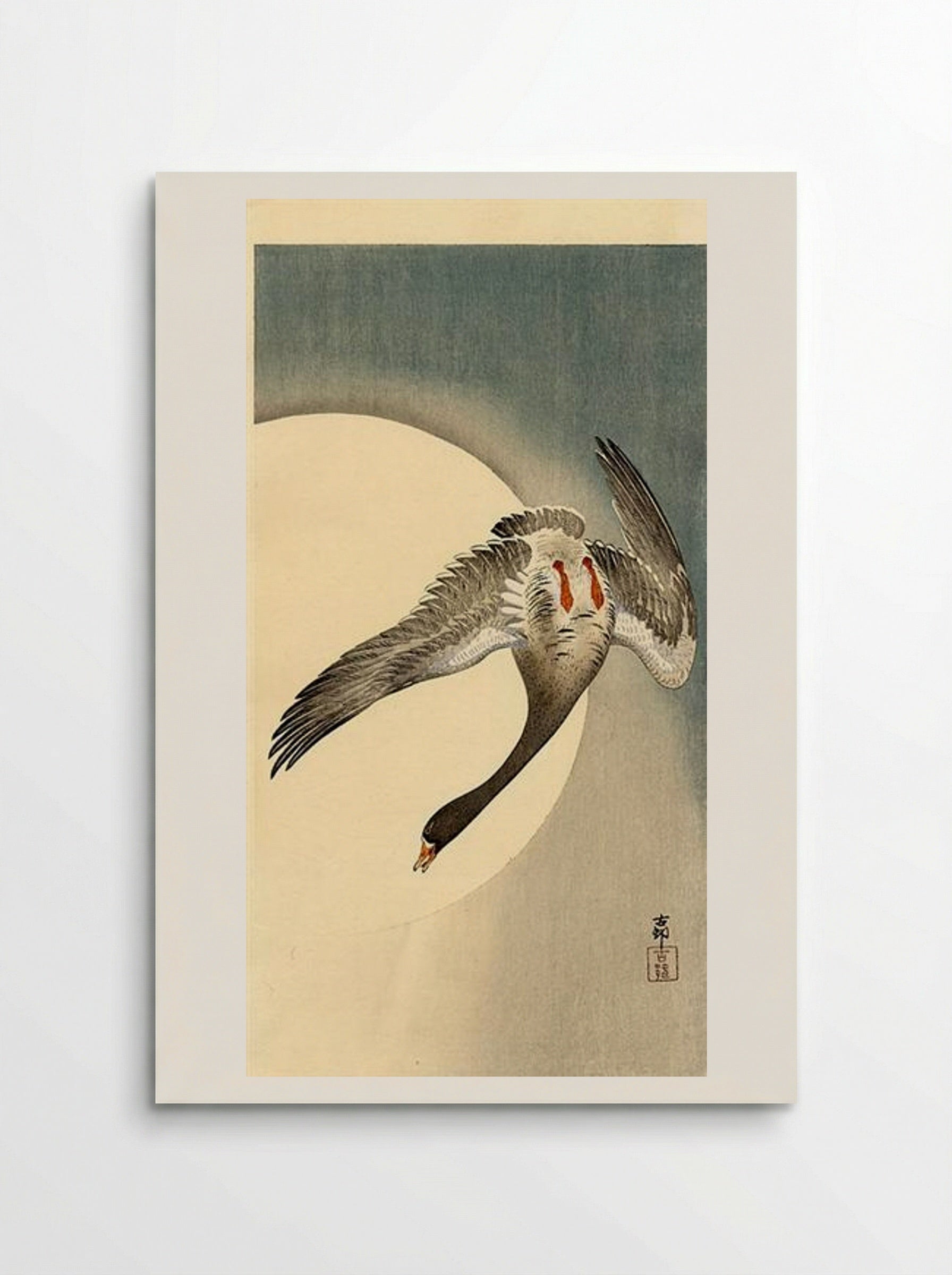 Flying White-Fronted Goose Seen from Underneath in Front of the Moon - Ohara Koson - Poster