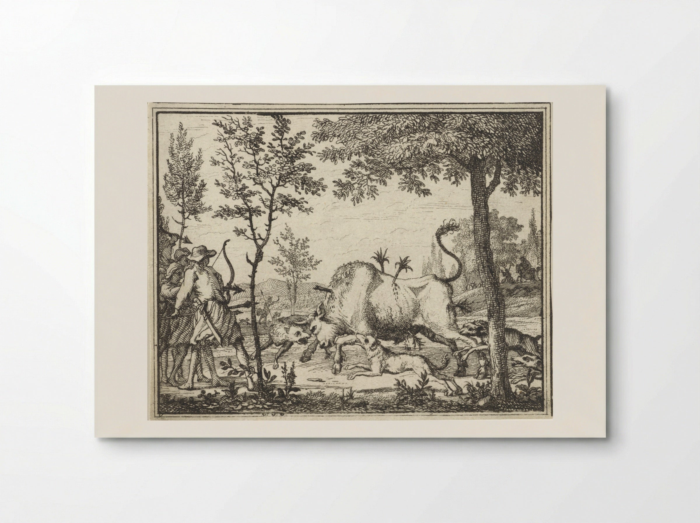 Hunters with Dogs Shooting Arrows at a Bull - Vincent Laurensz. van der Vinne (II) - Poster