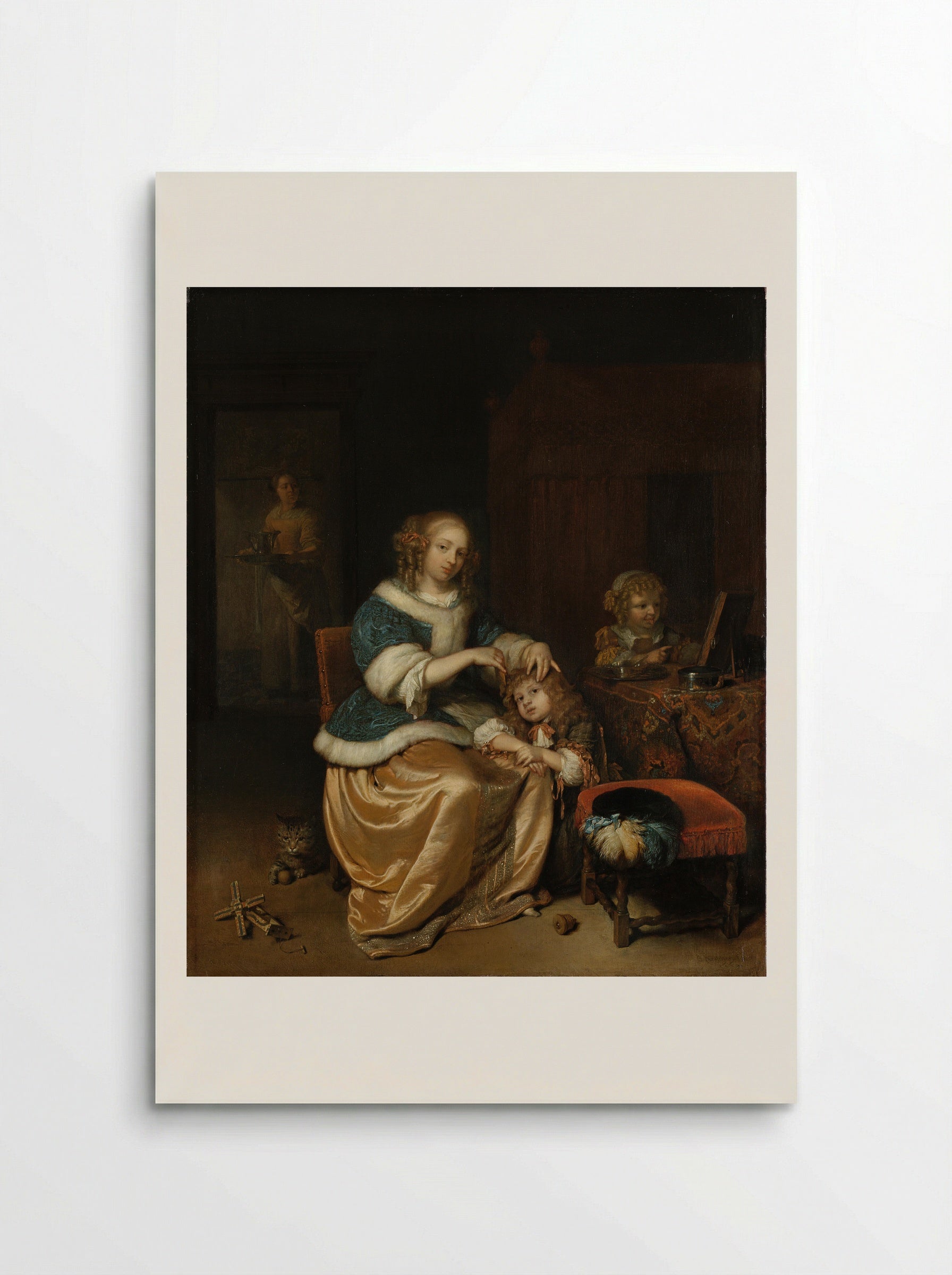 Interior with a Mother Combing Her Child's Hair, Known as 'Maternal Care' - Caspar Netscher - Poster