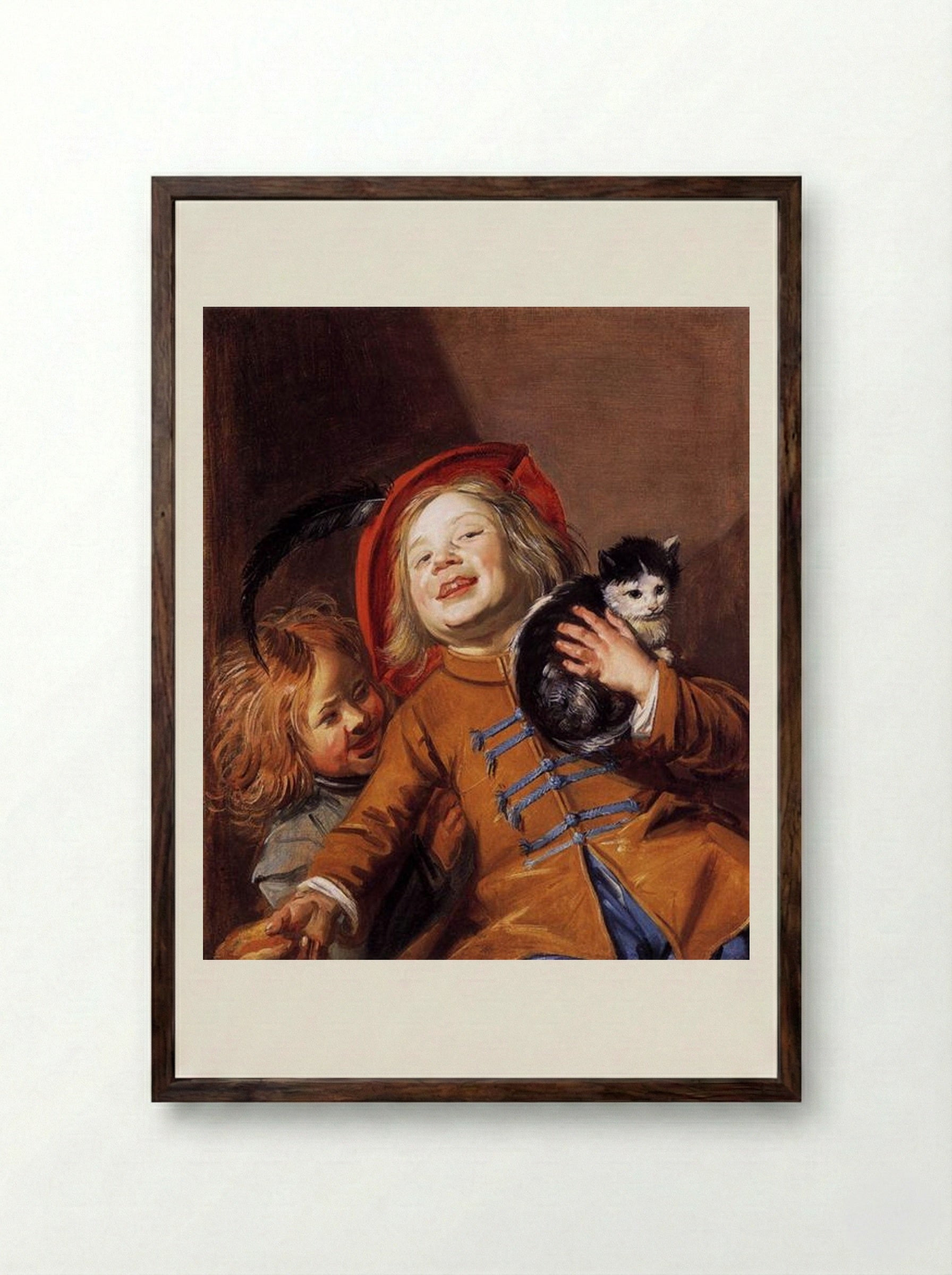 Laughing Children with a Cat - Judith Leyster - Framed Print Dark Wood