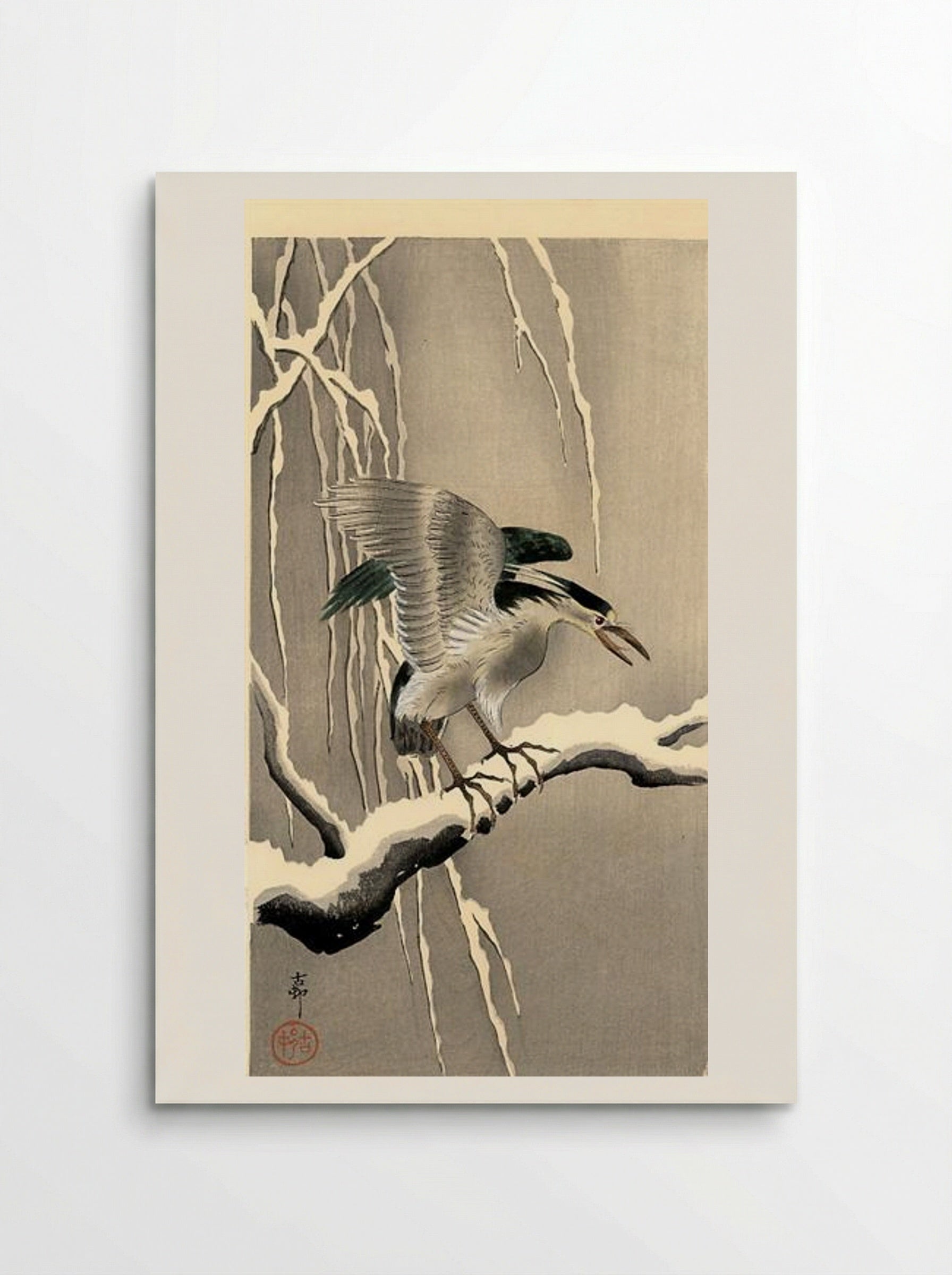 Night Heron on a Snowy Branch - Ohara Koson - Poster