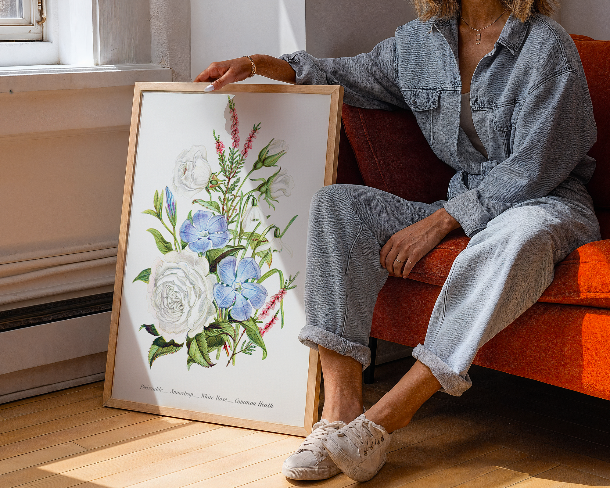 Periwinkle,-Snowdrop,-White-Rose-and-Common-Heath-from-The-Language-of-Flowers,-or,-Floral-Emblems-of-Thoughts,-Feelings,-and-Sentiments-(1896)-by-Robert-Tyas mockup