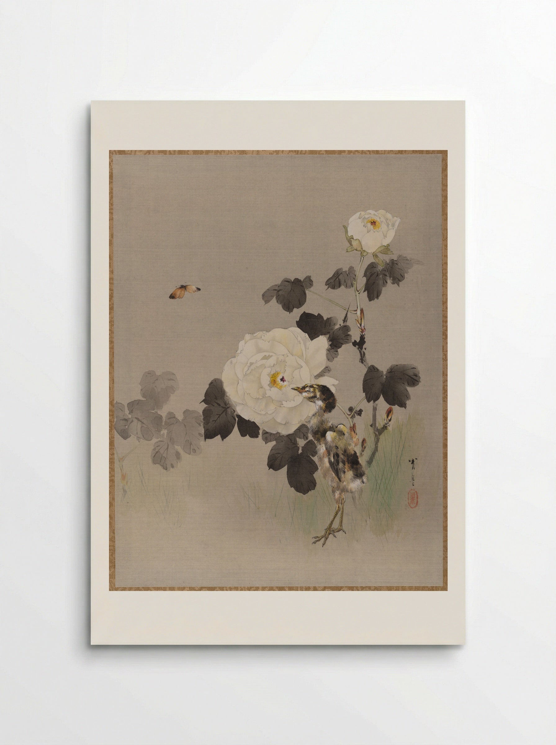 Roses, Young Bird and a Butterfly - Watanabe Seitei - Poster