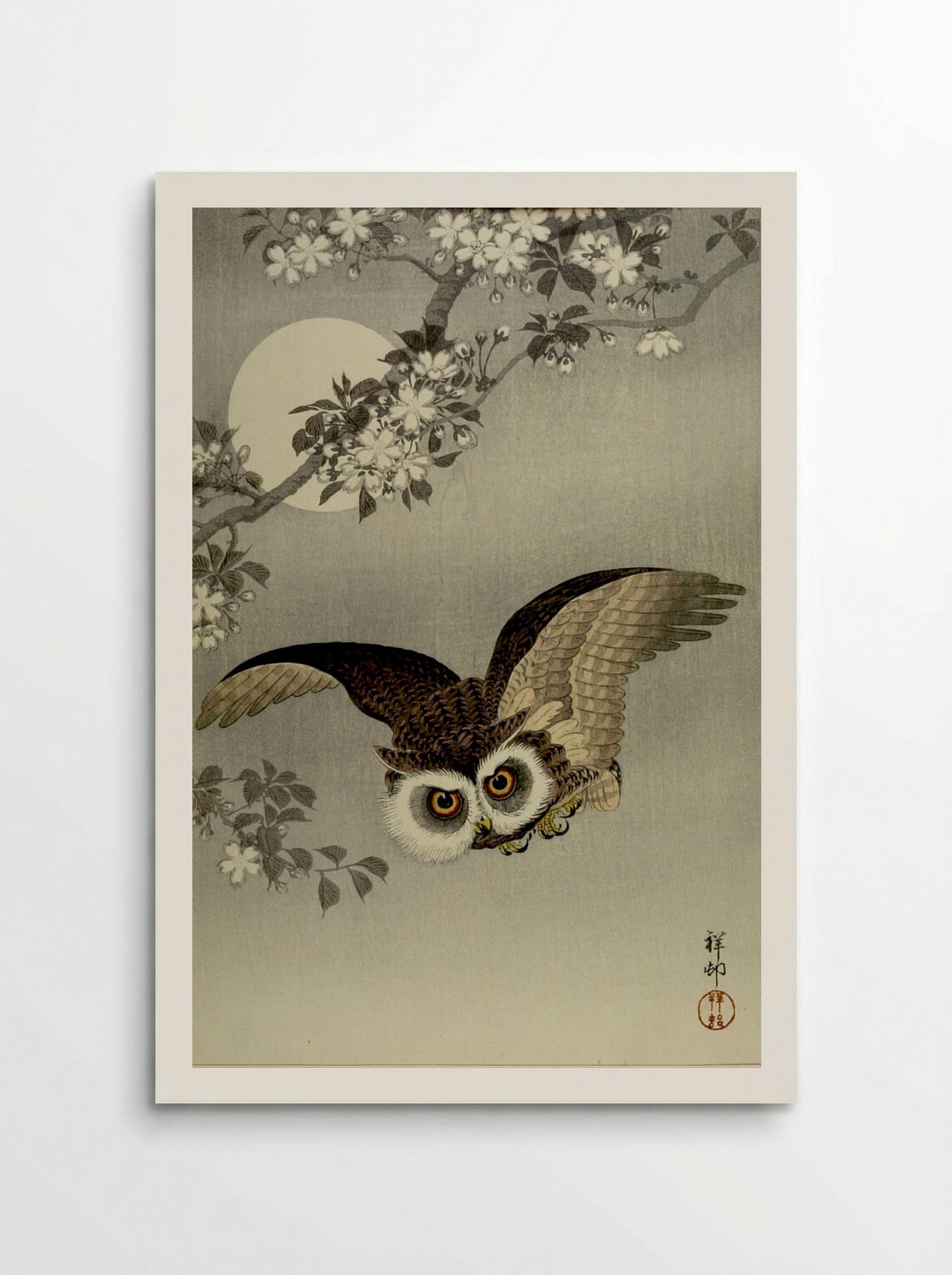 Scops Owl in Flight, Cherry Blossoms and Full Moon - Ohara Koson - Poster