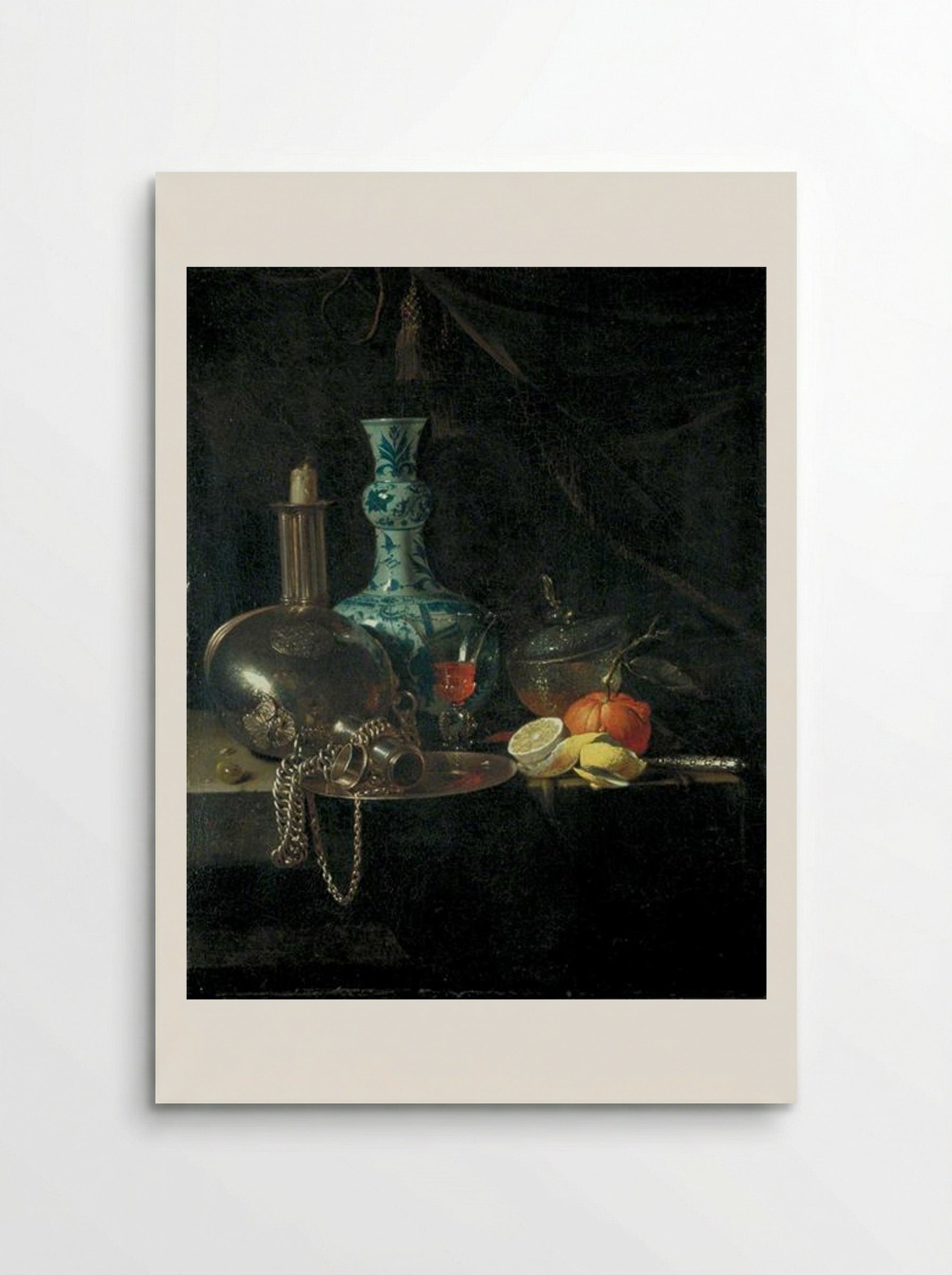 Still Life with a Pilgrim Flask, Candlestick, Porcelain Vase and Fruit - Willem Kalf - Poster