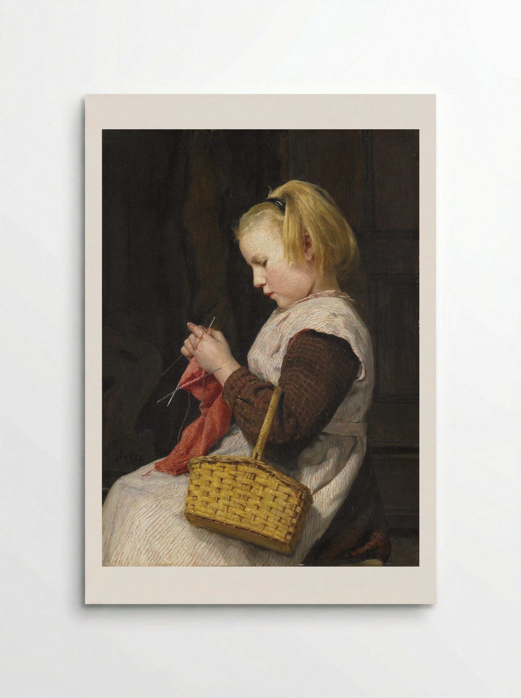 Strickendes Mädchen mit Korb - Albert Anker - Poster