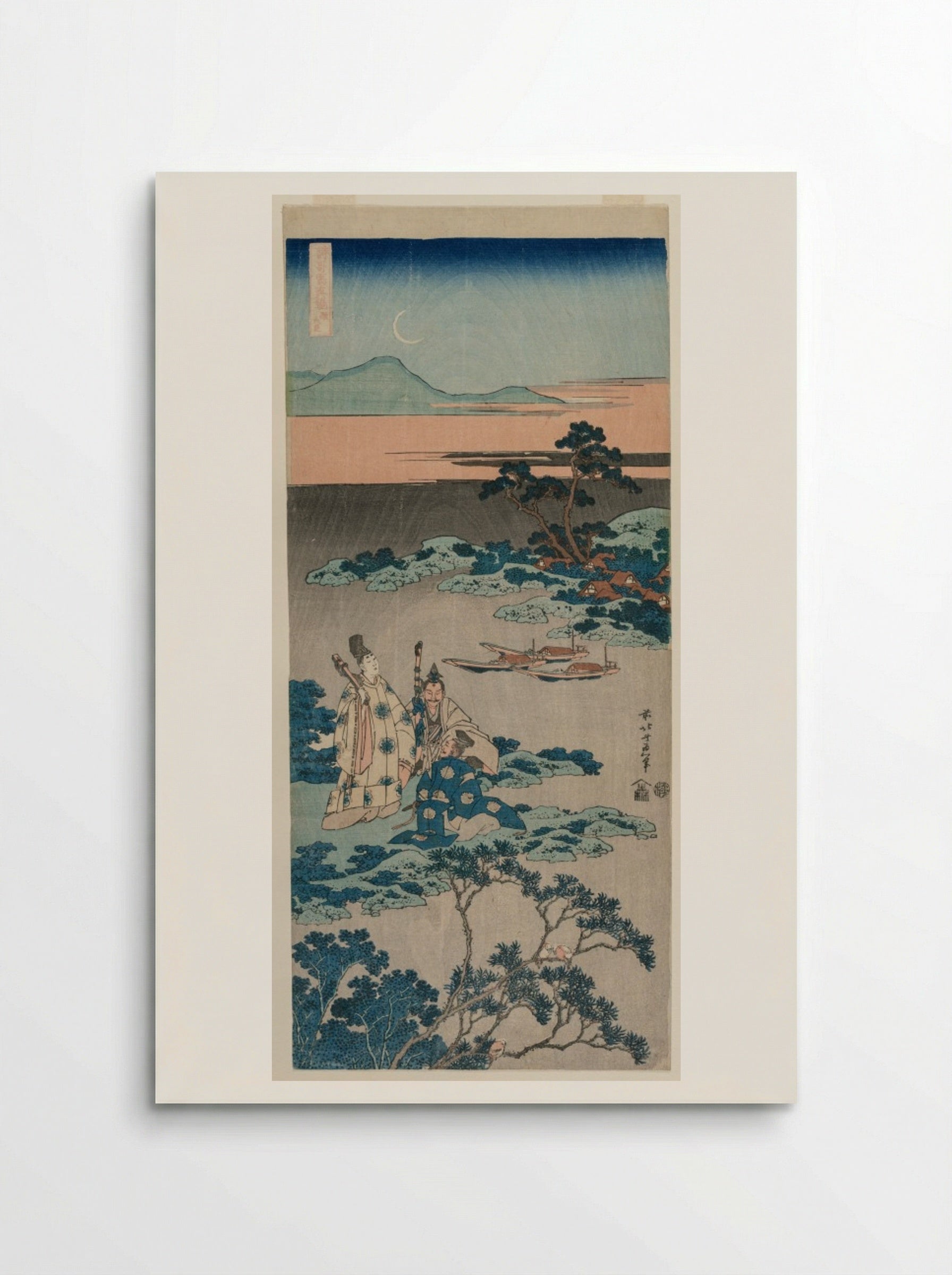 The Minister Toru Daijin Standing by a Lake Beneath a Crescent Moon - Katsushika Hokusai - Poster