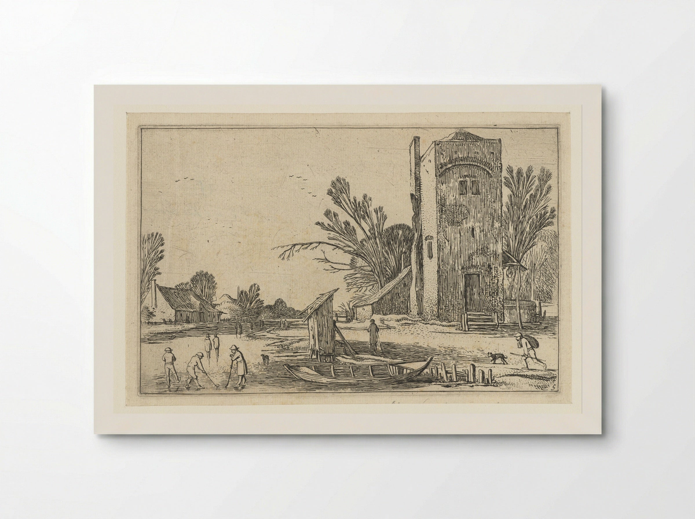 Vierkante toren bij een bevroren rivier met kolfspelers - Esaias van de Velde - Poster