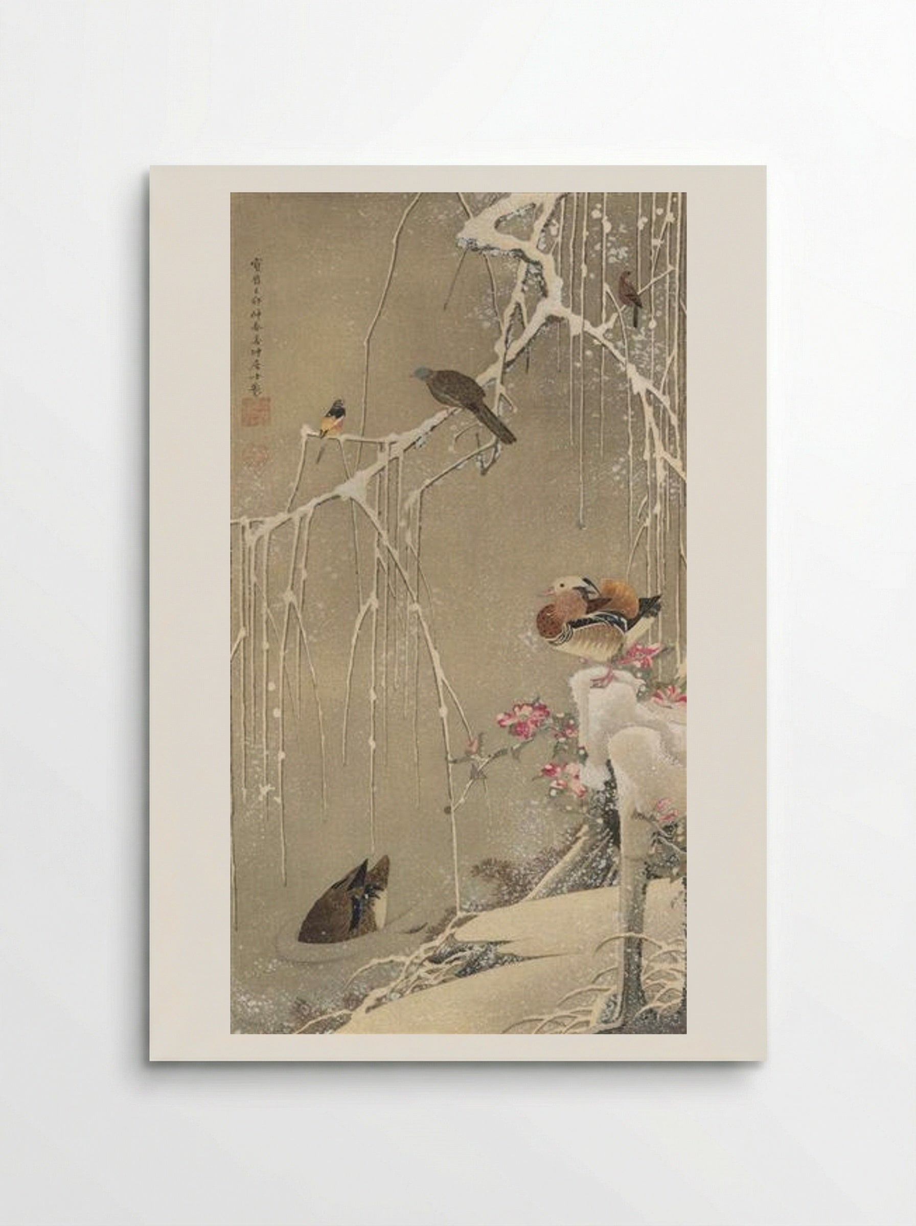Willow Tree and Mandarin Ducks in the Snow - Itō Jakuchū - Poster