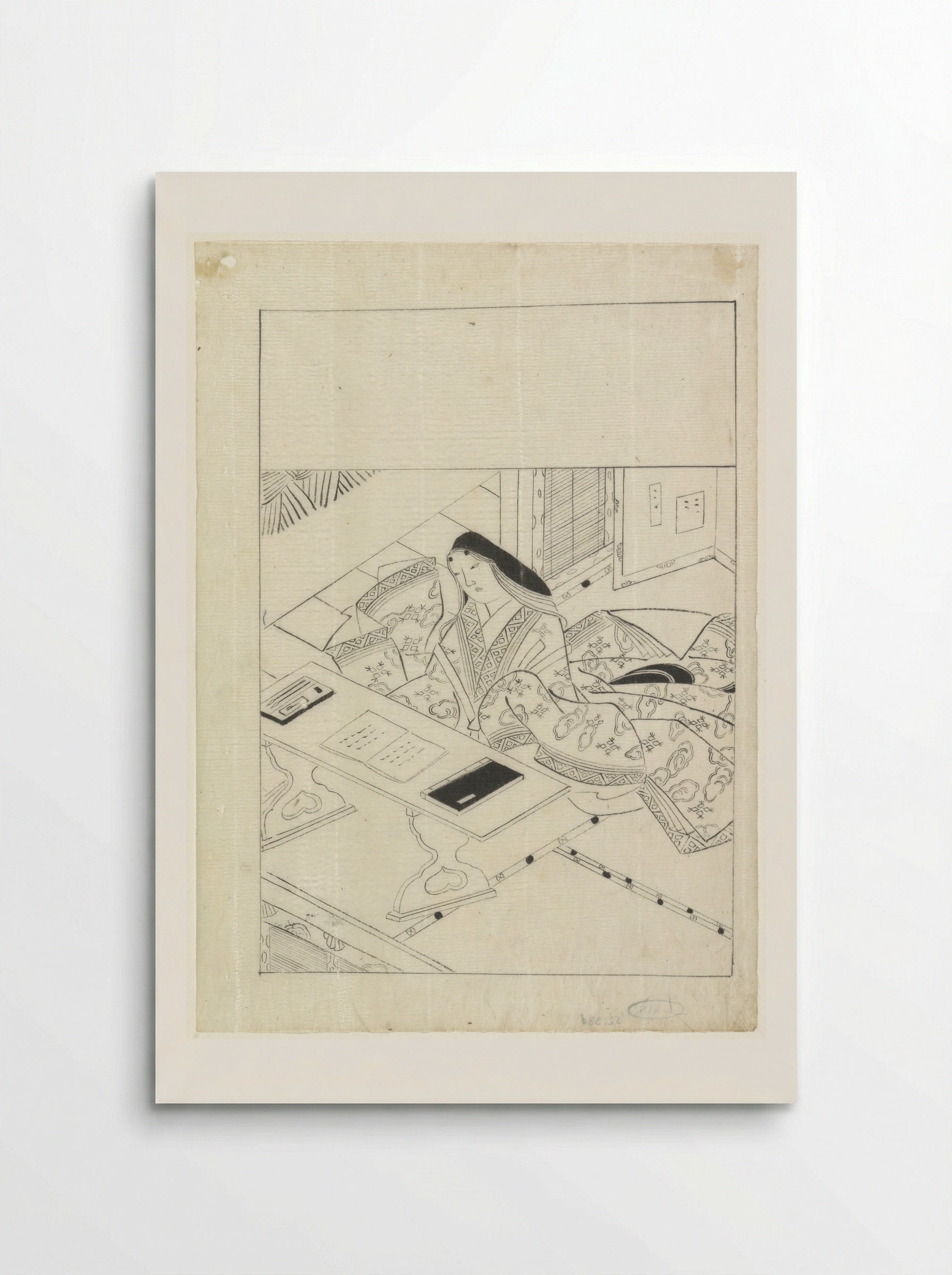 Woman Seated at a Table with Books and Writing Implements - Hishikawa Moronobu - Poster