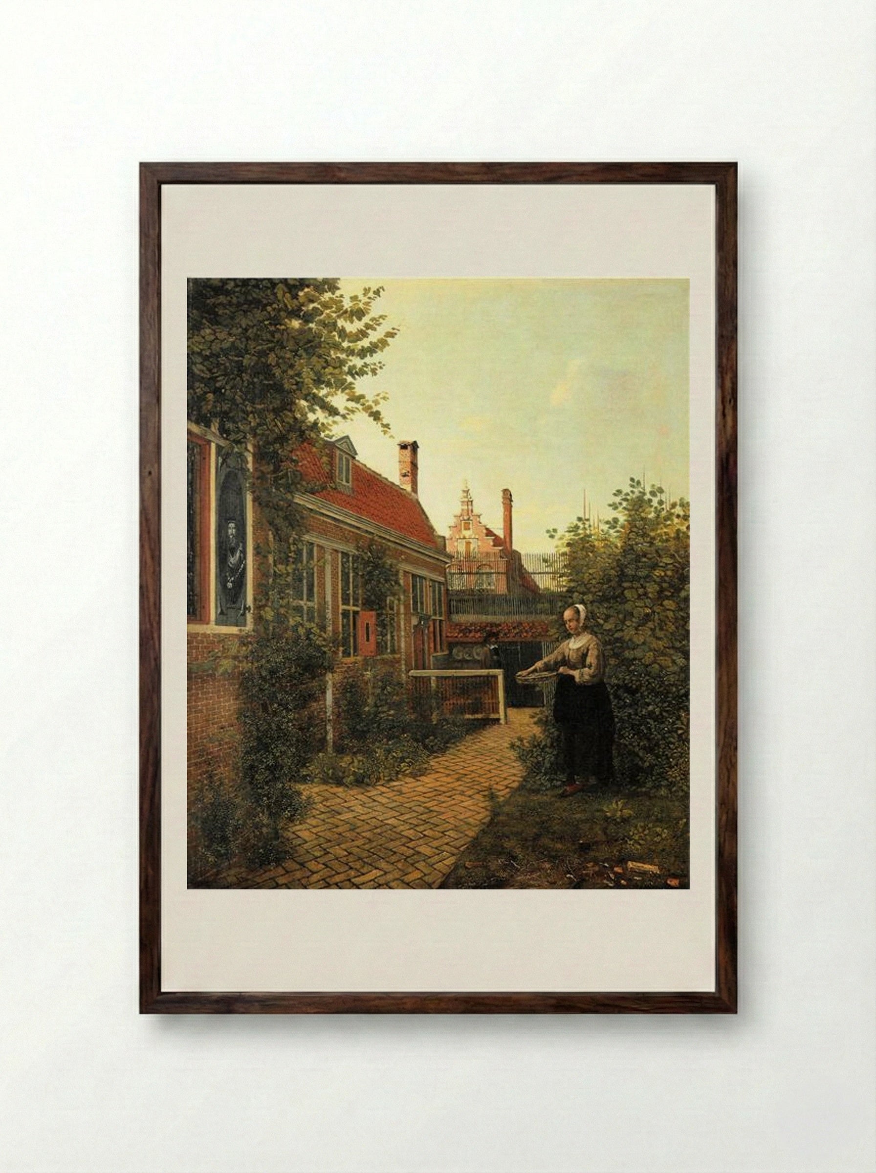 Woman with a Basket of Beans in a Kitchen Garden - Pieter de Hooch - Framed Print Dark Wood