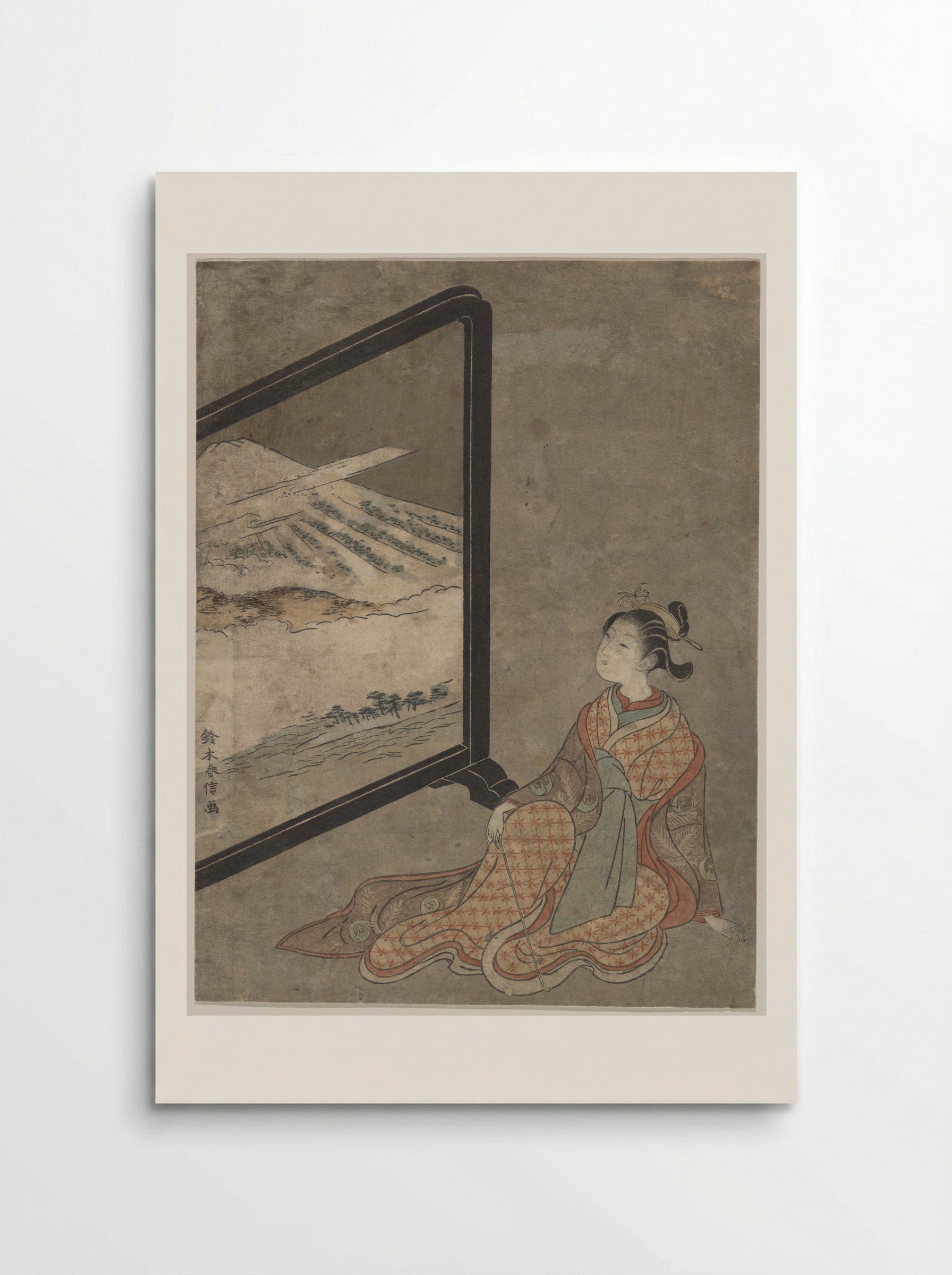 Young Woman with a Pipe in Her Hand Gazing at Landscape Painted on a Screen - Suzuki Harunobu - Poster