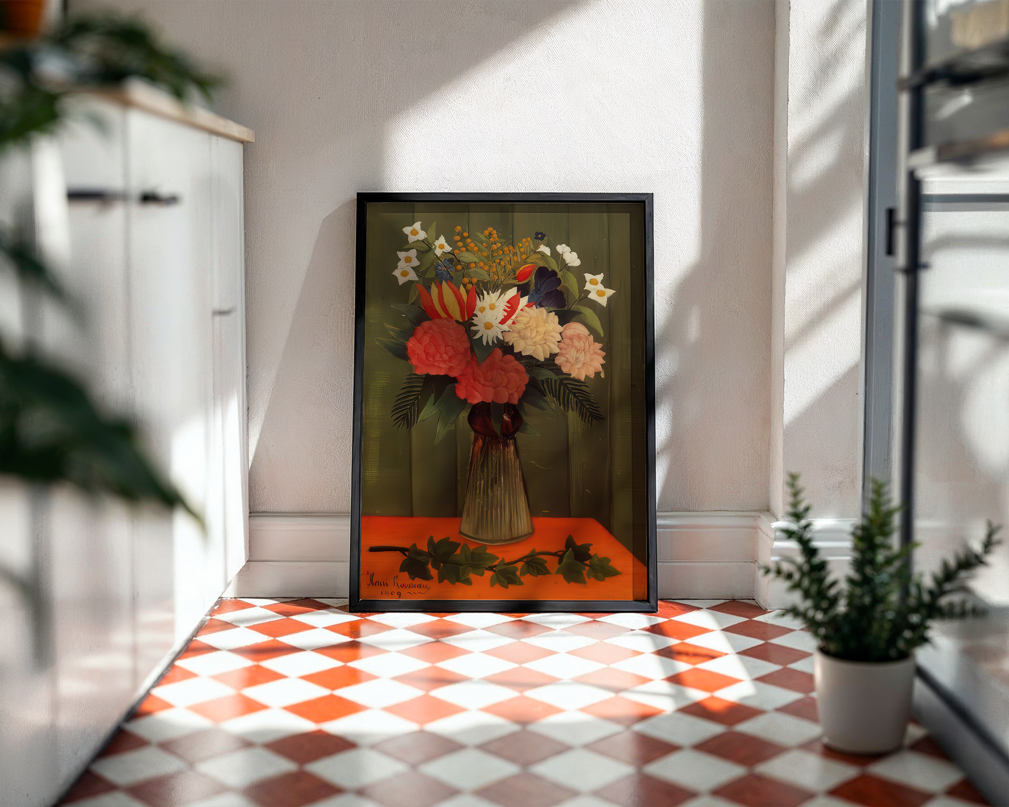 bouquet-of-flowers-with-ivy-branch-by-henri-rousseau-vintage-botanical-still-life-print mockup