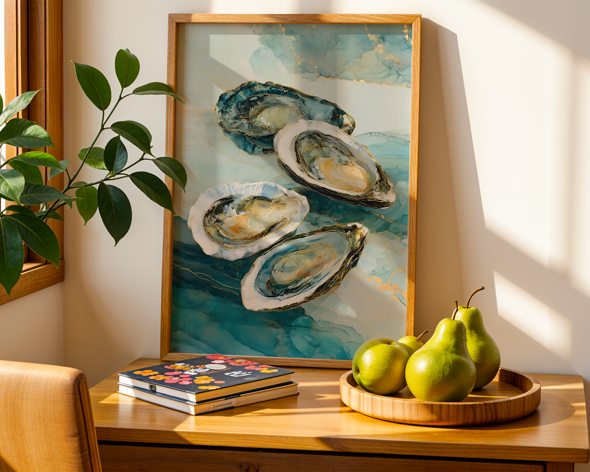 coastal-oysters-abstract-ocean-art-print-in-teal-and-gold mockup