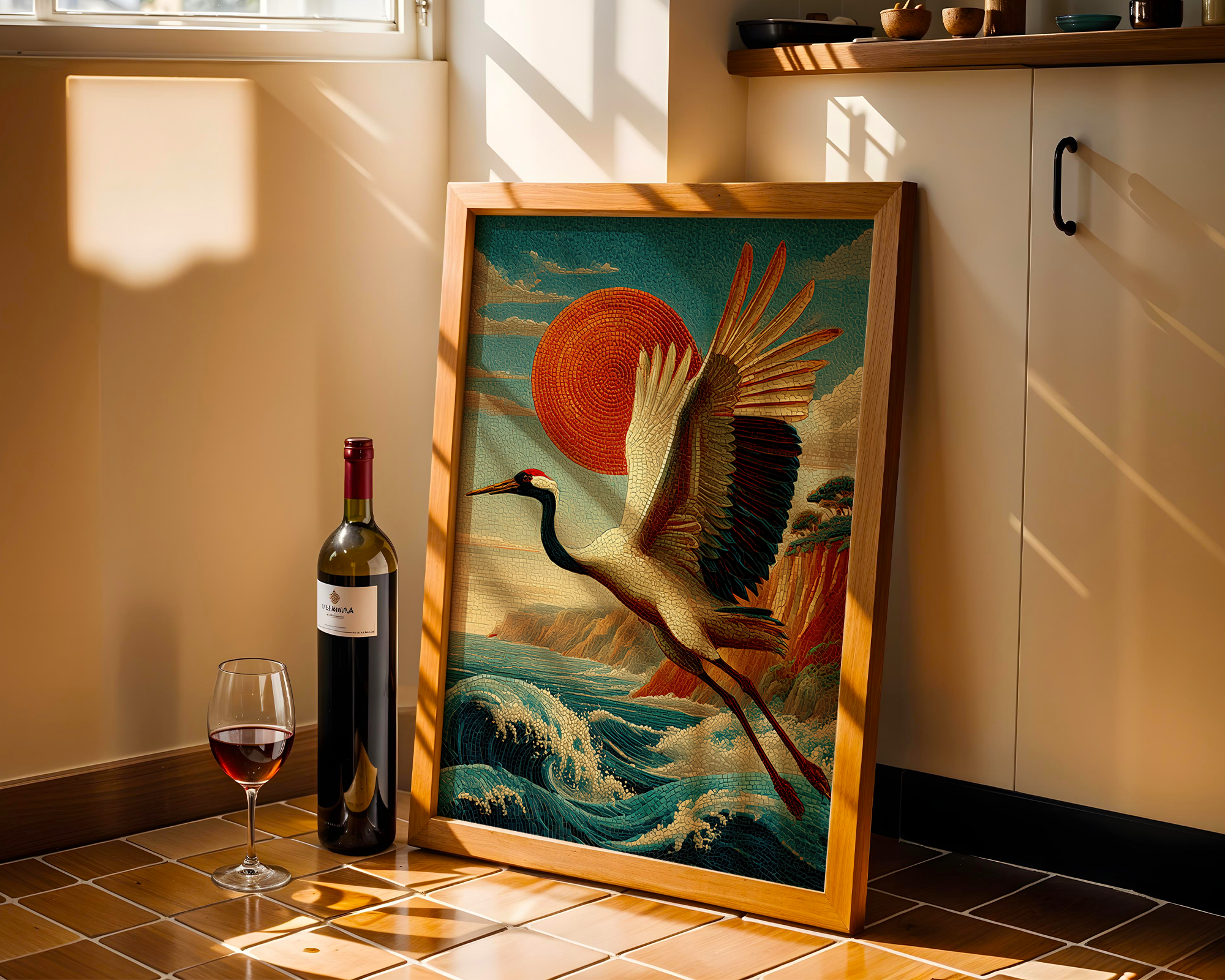 crane-over-crimson-sun-japanese-mosaic-print mockup