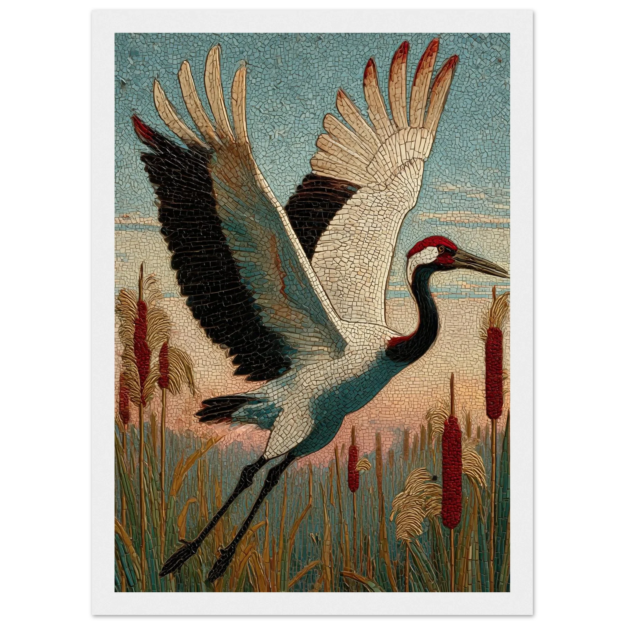 Crane over Reeds - Japanese Mosaic Print