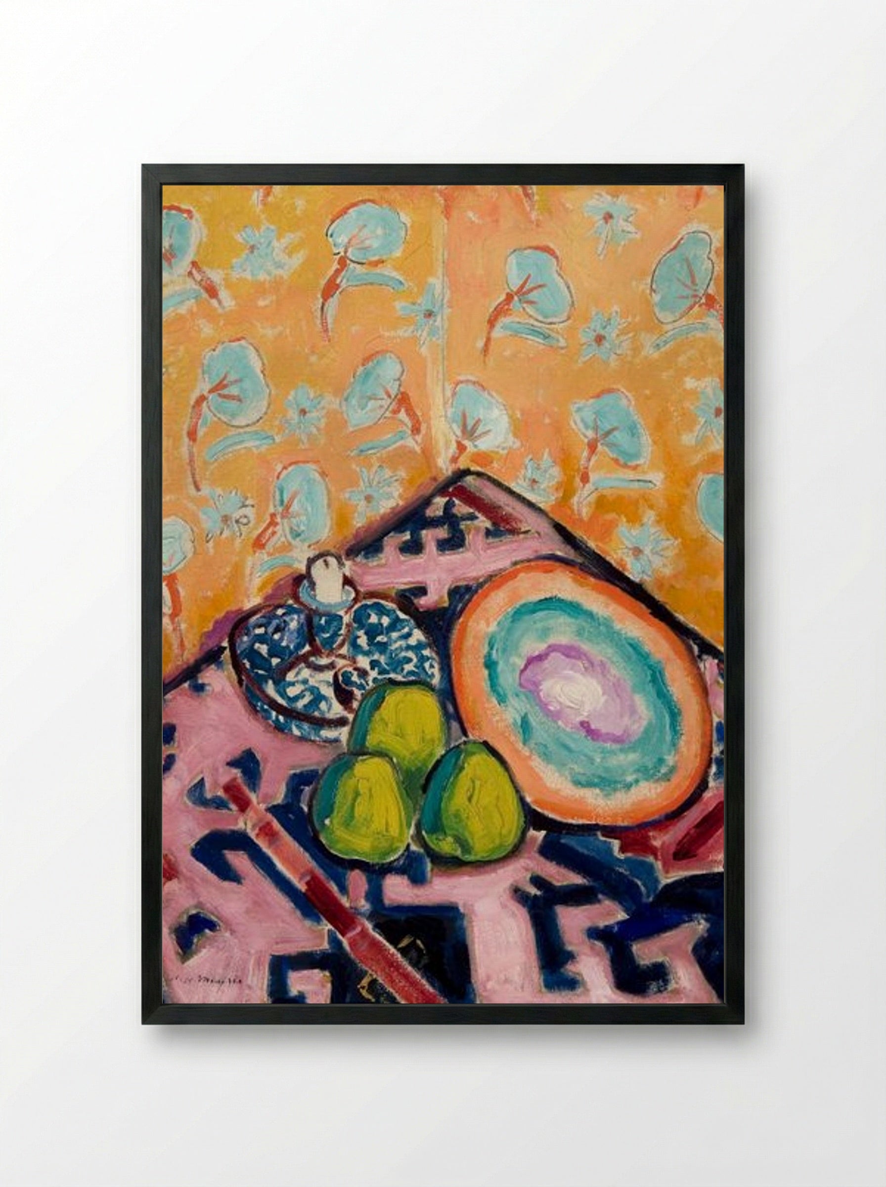 Still Life with Fruit and Patterned Background - Alfred Henry Maurer - Framed Print Black