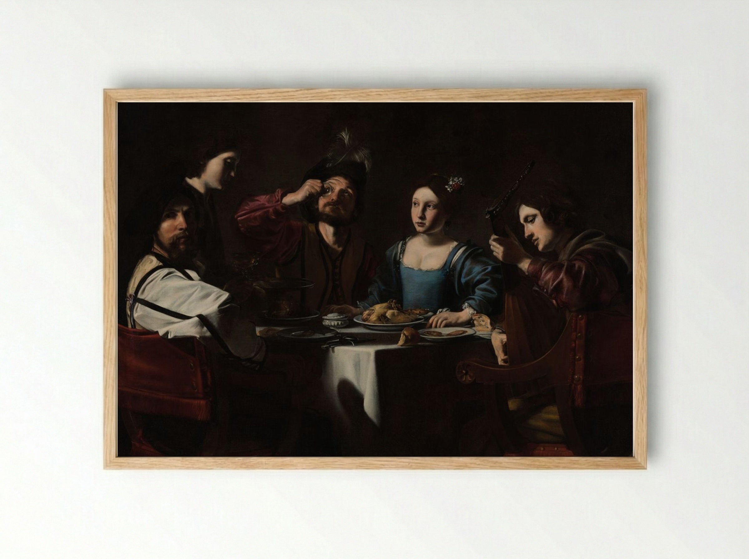 Banquet Scene with a Lute Player - Valentin de Boulogne - Framed Print Wood