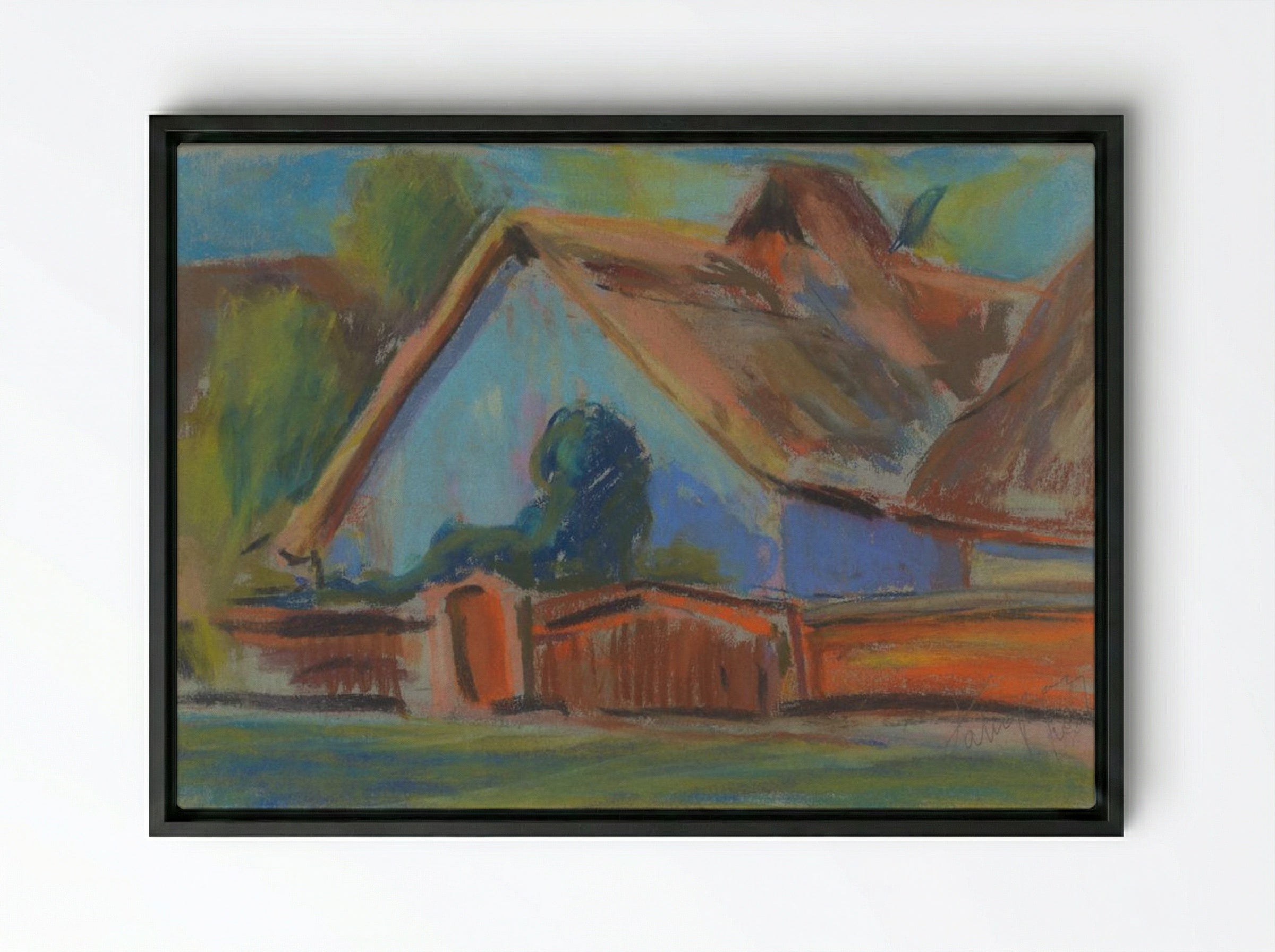 Blue Village Cottage - Zolo Palugyay - Framed Canvas Black