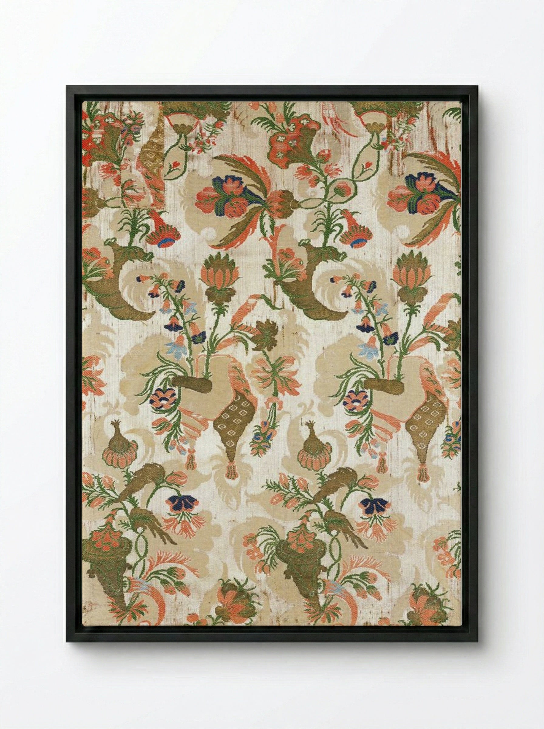 Panel (Floral and Bird Pattern, Textile Design) - Fine Art Print - Framed Canvas Black