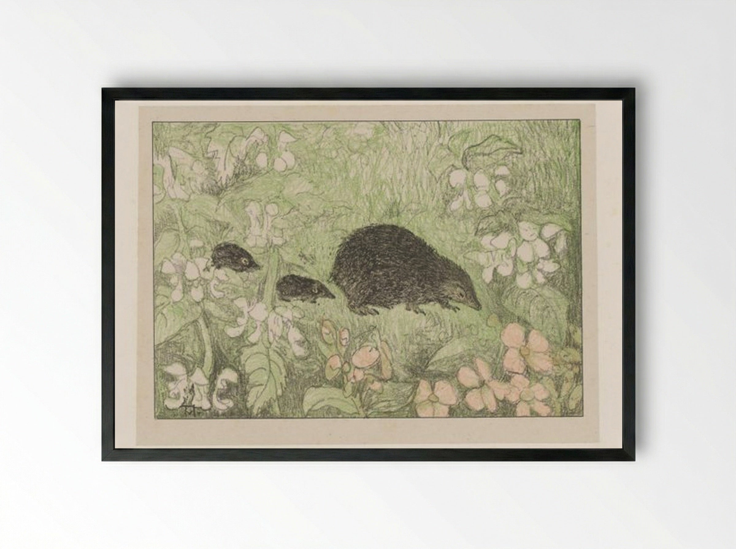 Hedgehog with Young - Theo van Hoytema - Framed Print Black