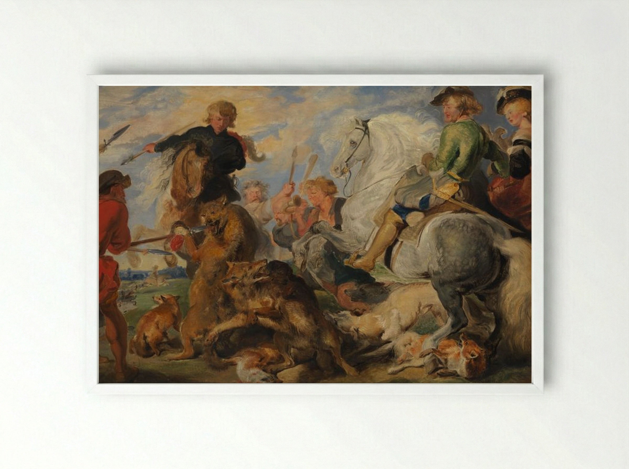 Copy after Rubens's Wolf and Fox Hunt - Peter Paul Rubens - Framed Print White