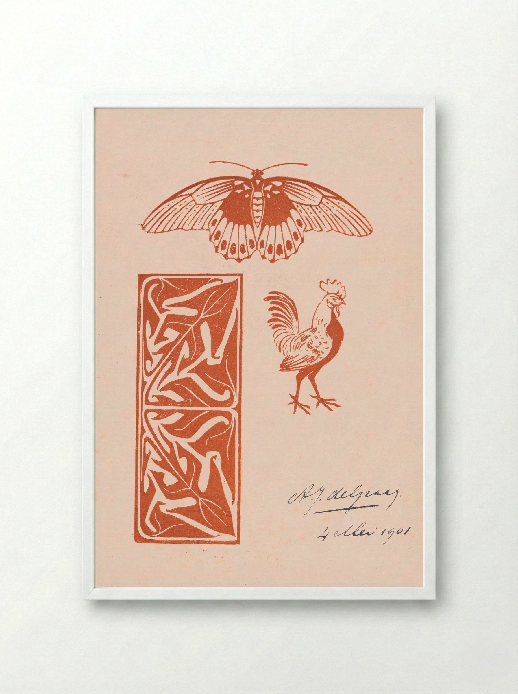 Butterfly, Rooster and Leaf Ornament - Julie de Graag - Framed Print White