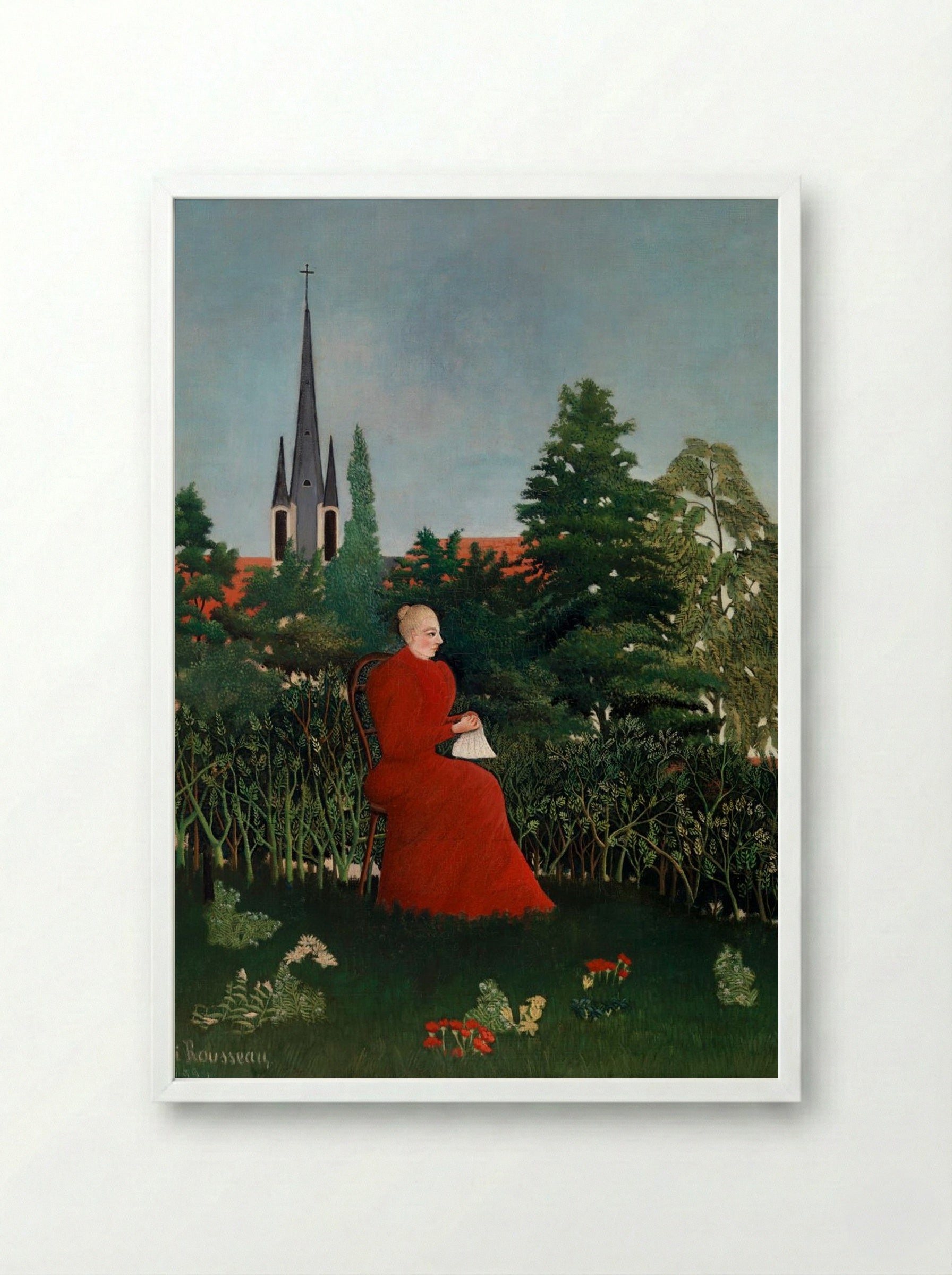 Portrait of a Woman in a Landscape - Henri Rousseau - Framed Print White