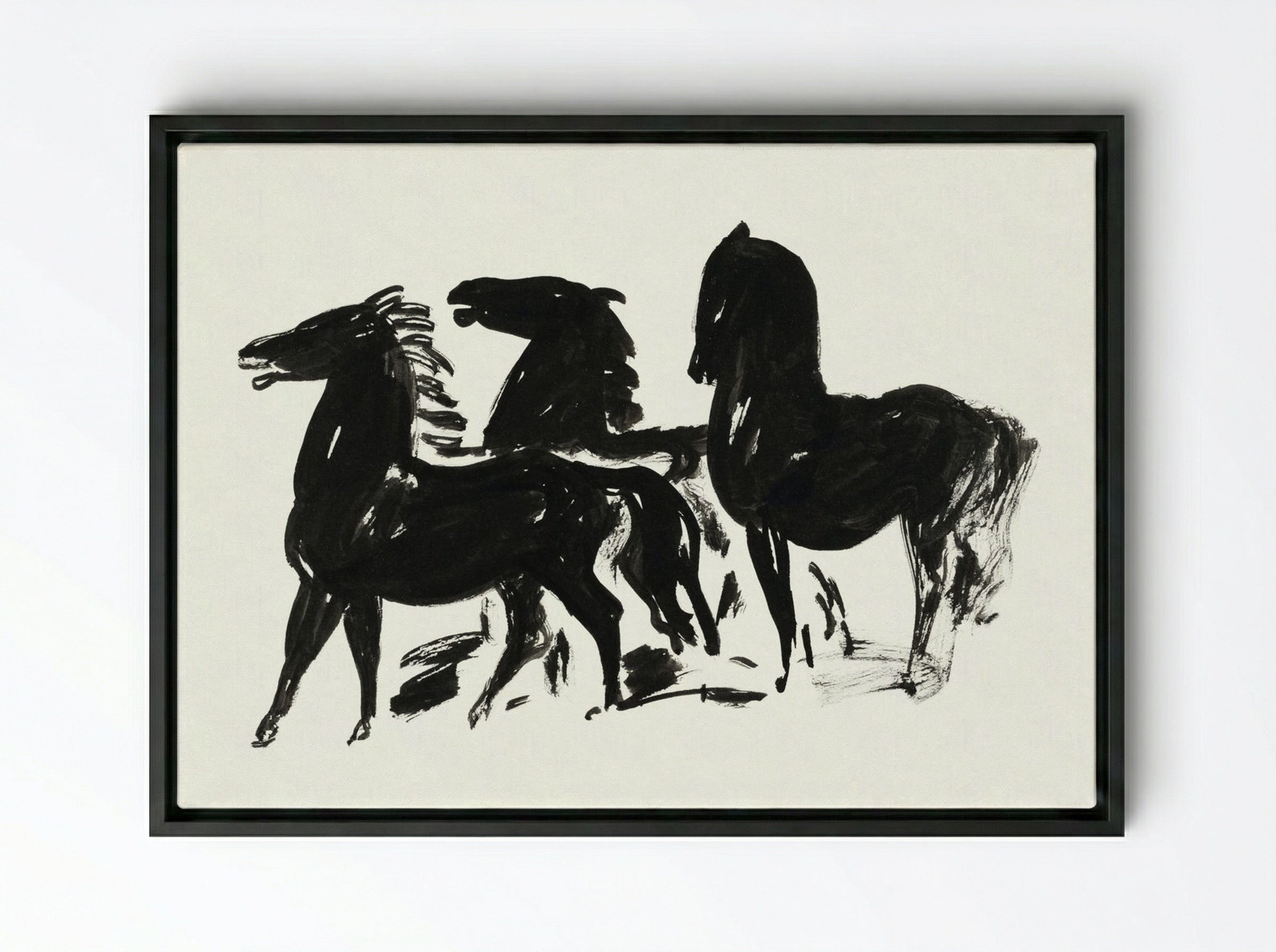 Three Black Horses Standing, Facing Left - Leo Gestel - Framed Canvas Black