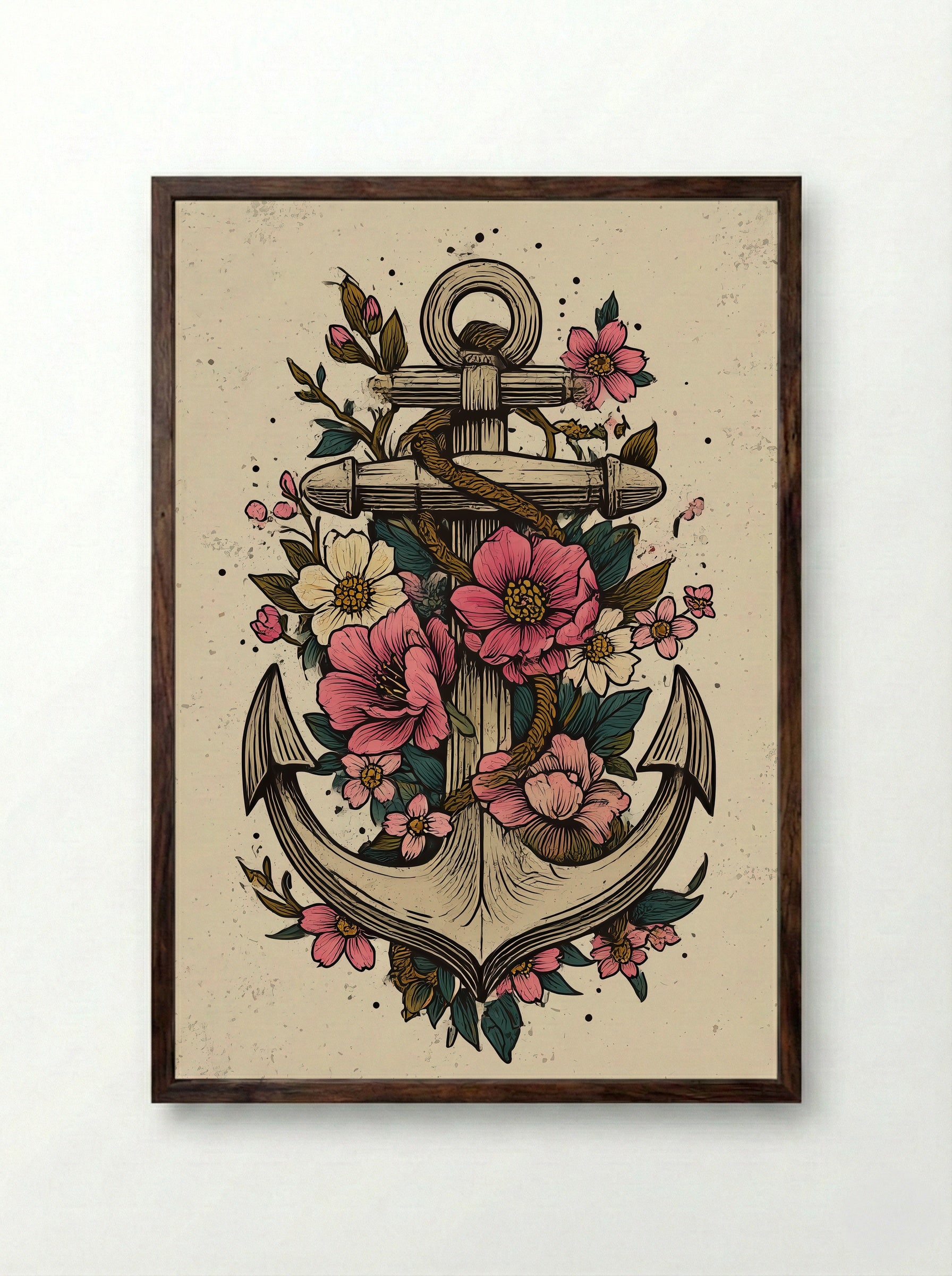 Anchor Wrapped in Vines & Flowers - Neo Traditional Art Print - Framed Print Dark Wood