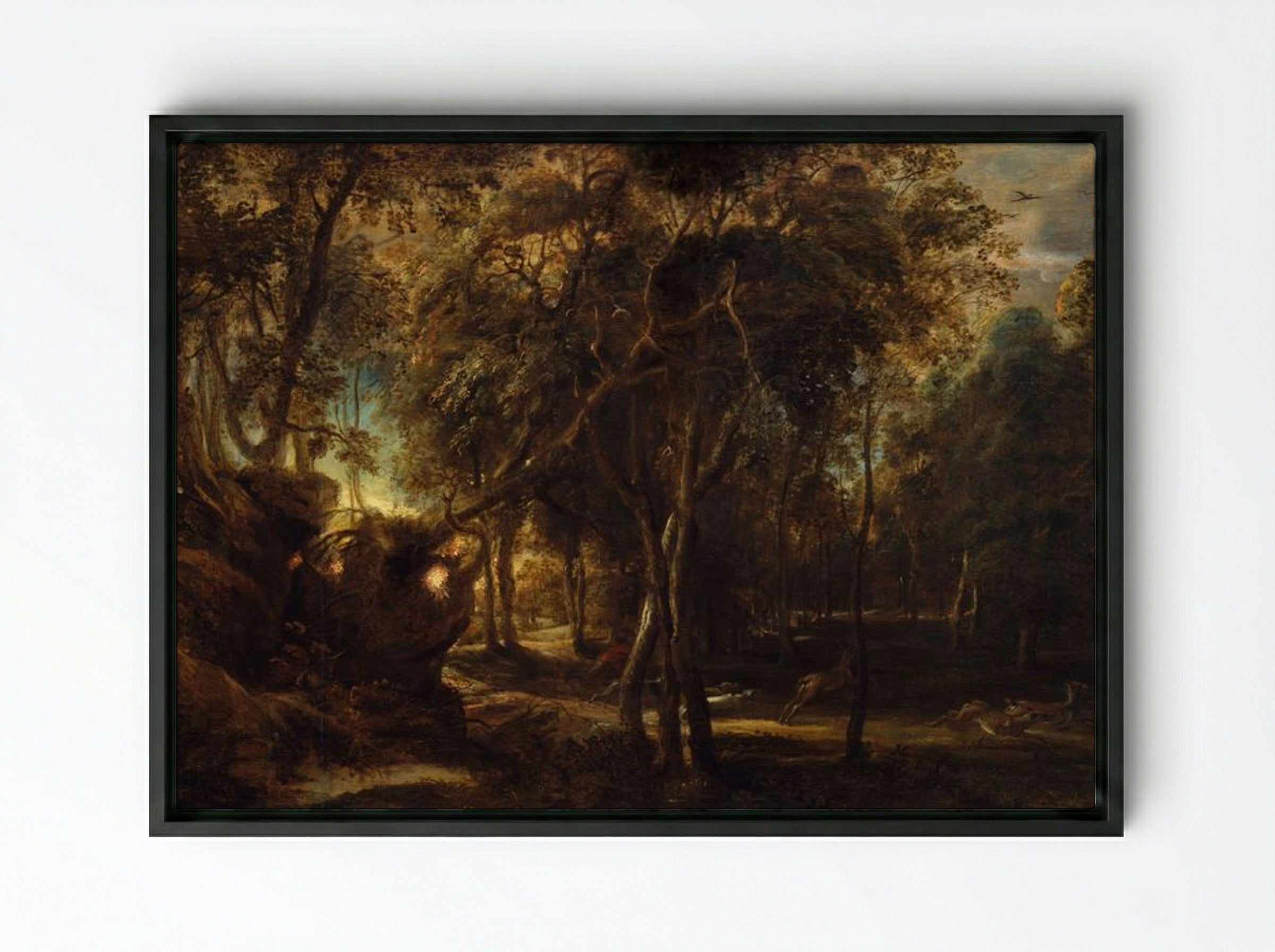 A Forest at Dawn with a Deer Hunt - Peter Paul Rubens - Framed Canvas Black