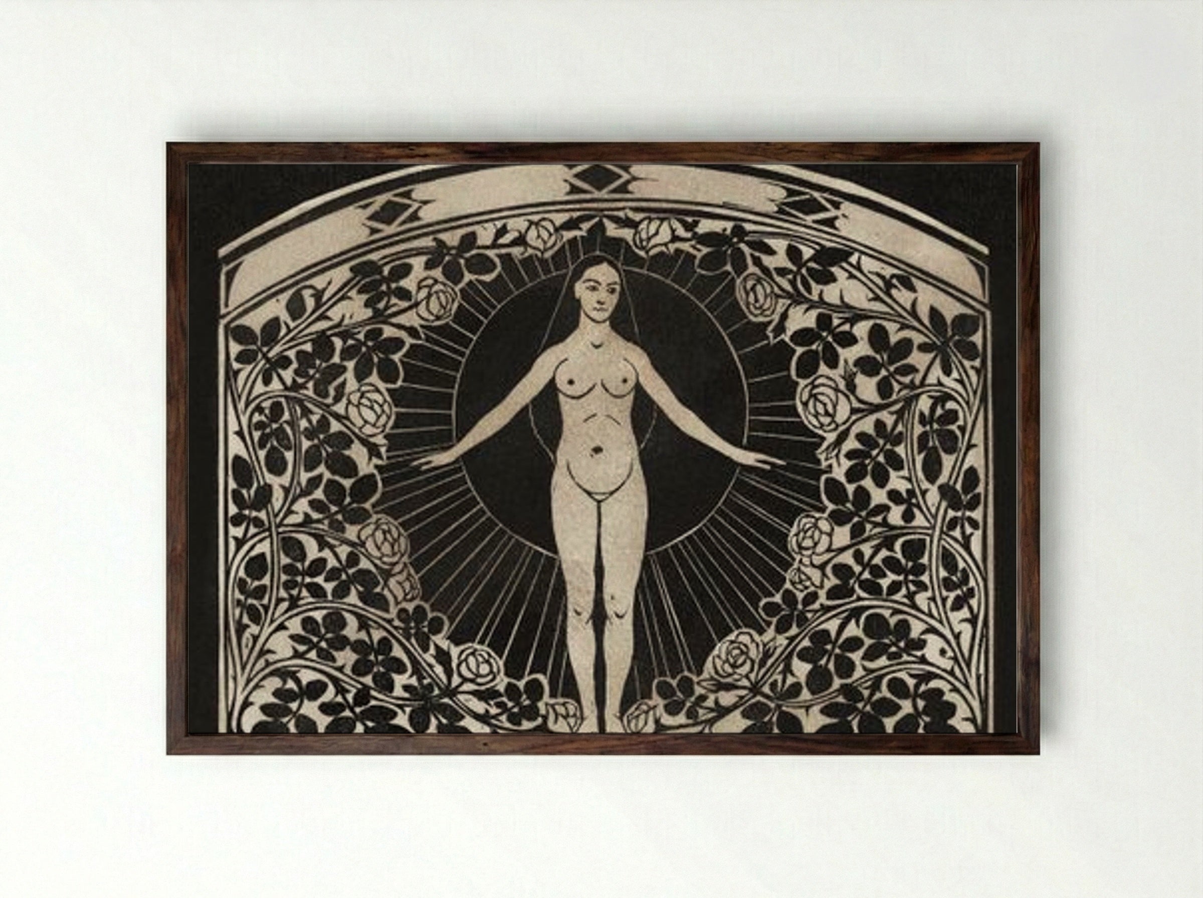 Calendar for 1901 with Women and Flowers - Fine Art Print - Framed Print Dark Wood